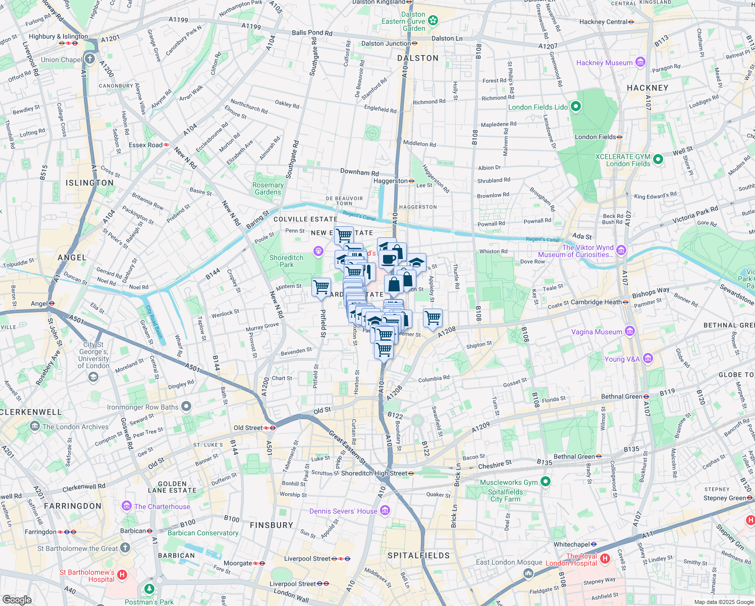 map of restaurants, bars, coffee shops, grocery stores, and more near Geffrye Street in Greater London