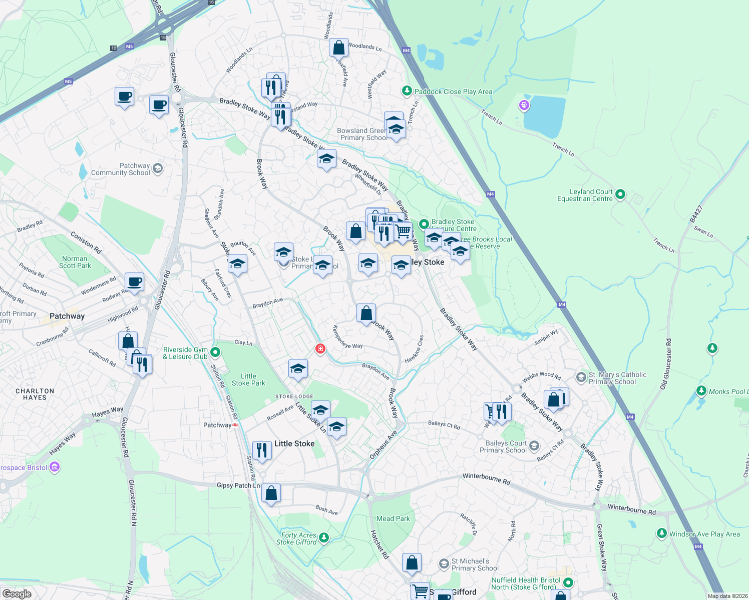map of restaurants, bars, coffee shops, grocery stores, and more near 20 Stevens Walk in Bradley Stoke