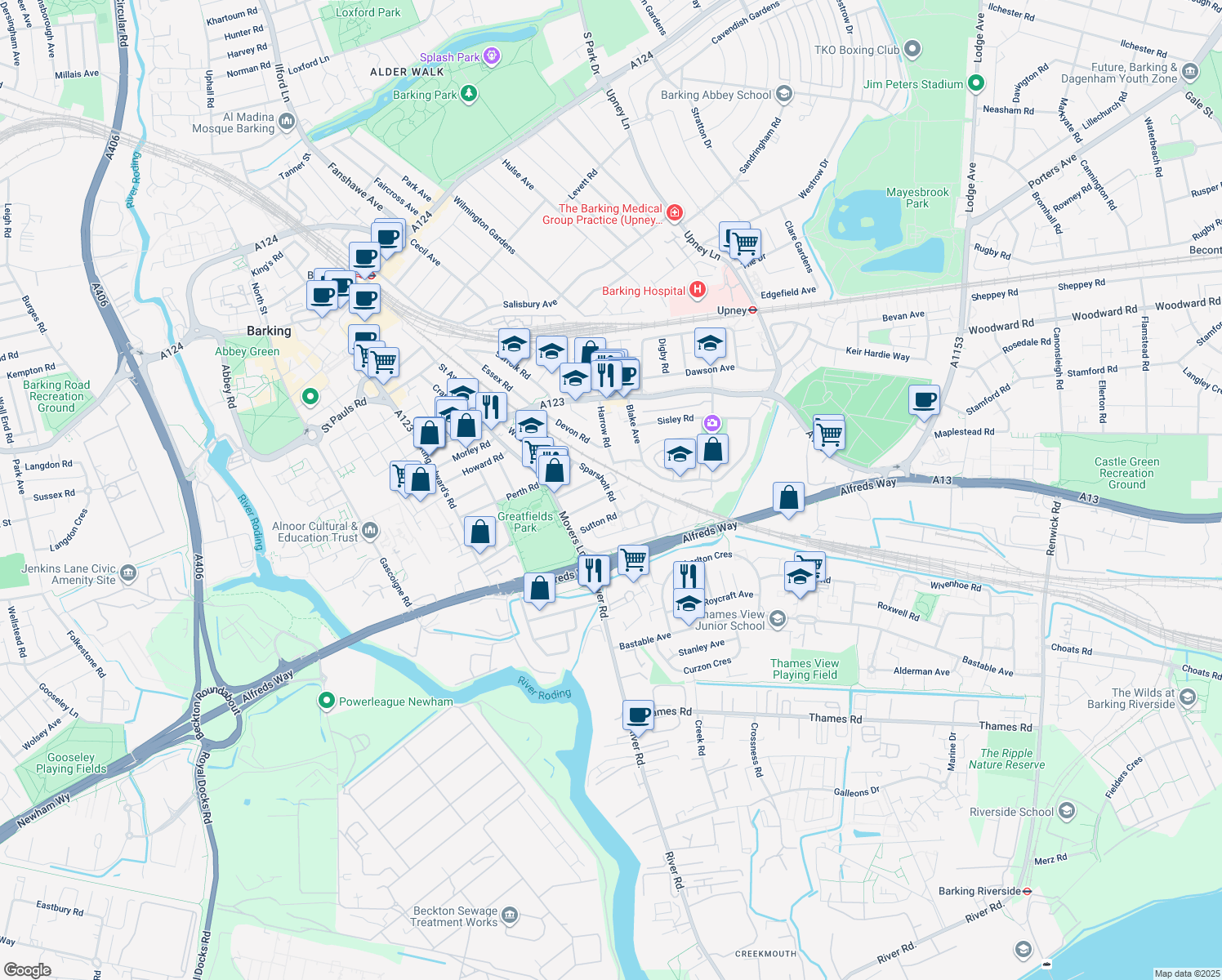 map of restaurants, bars, coffee shops, grocery stores, and more near 1 Tom Mann Close in Greater London