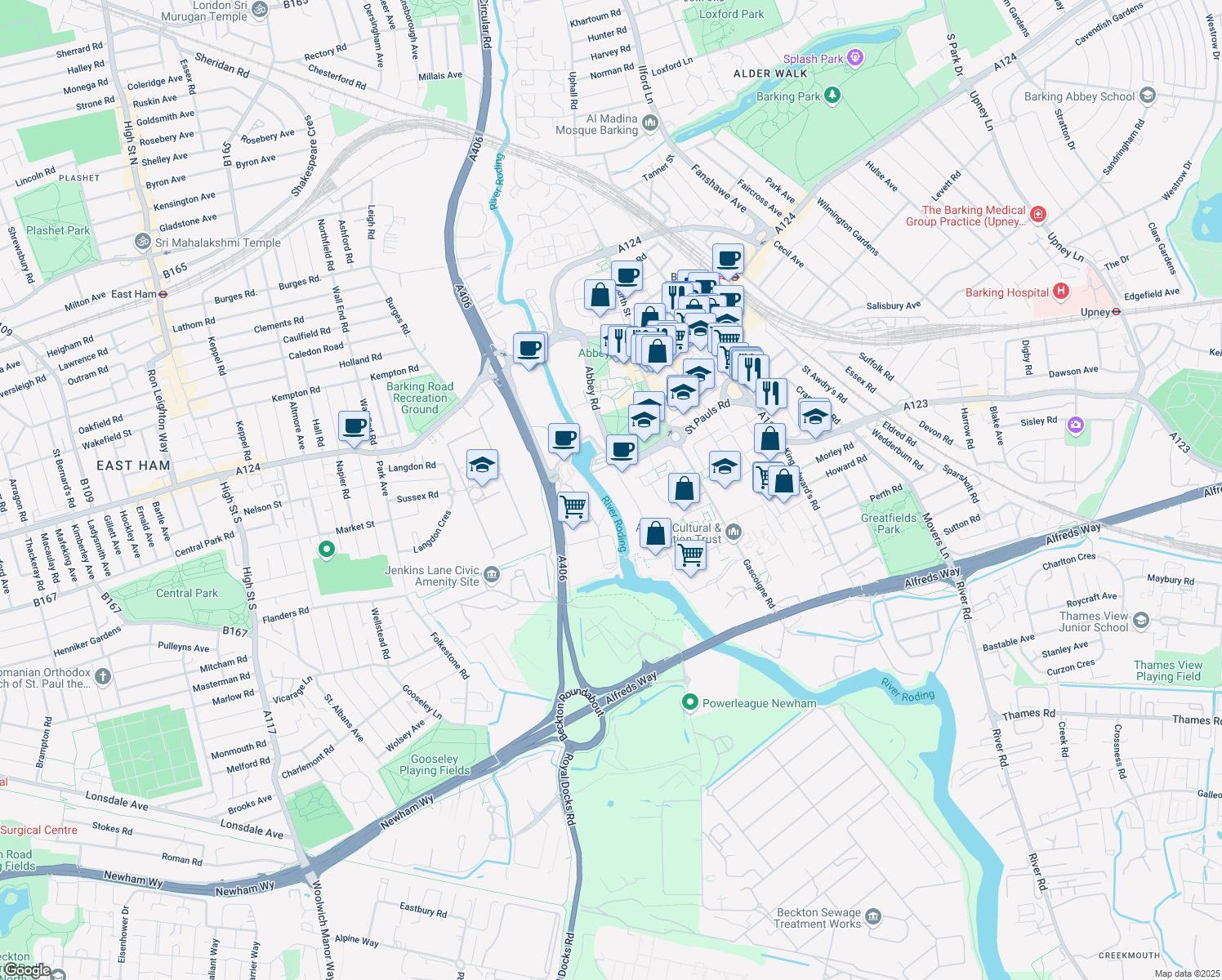 map of restaurants, bars, coffee shops, grocery stores, and more near in Greater London