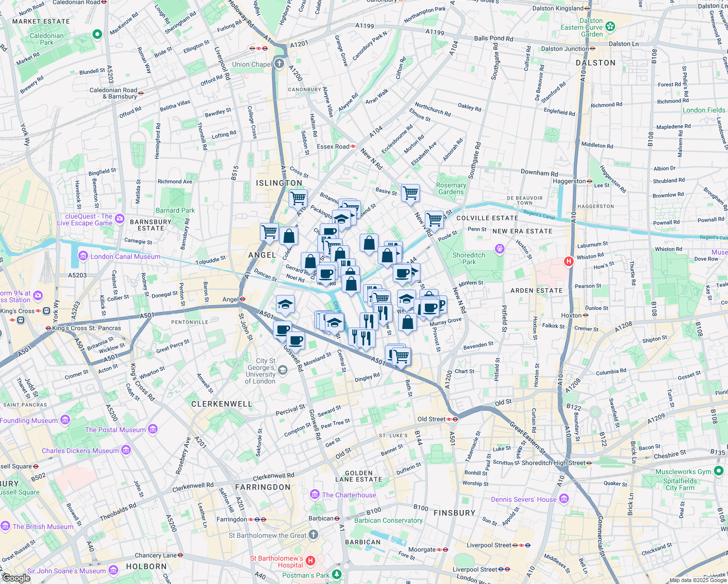 map of restaurants, bars, coffee shops, grocery stores, and more near Wenlock Road in Greater London