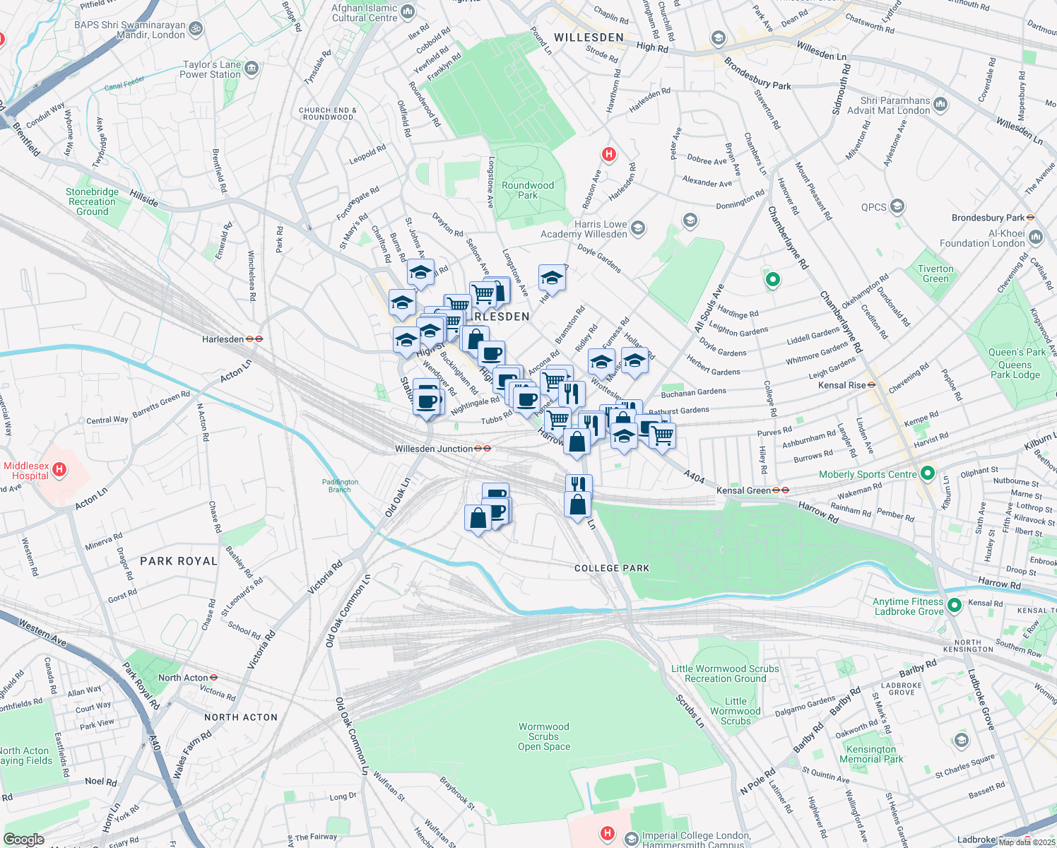 map of restaurants, bars, coffee shops, grocery stores, and more near 244 High Street in Greater London