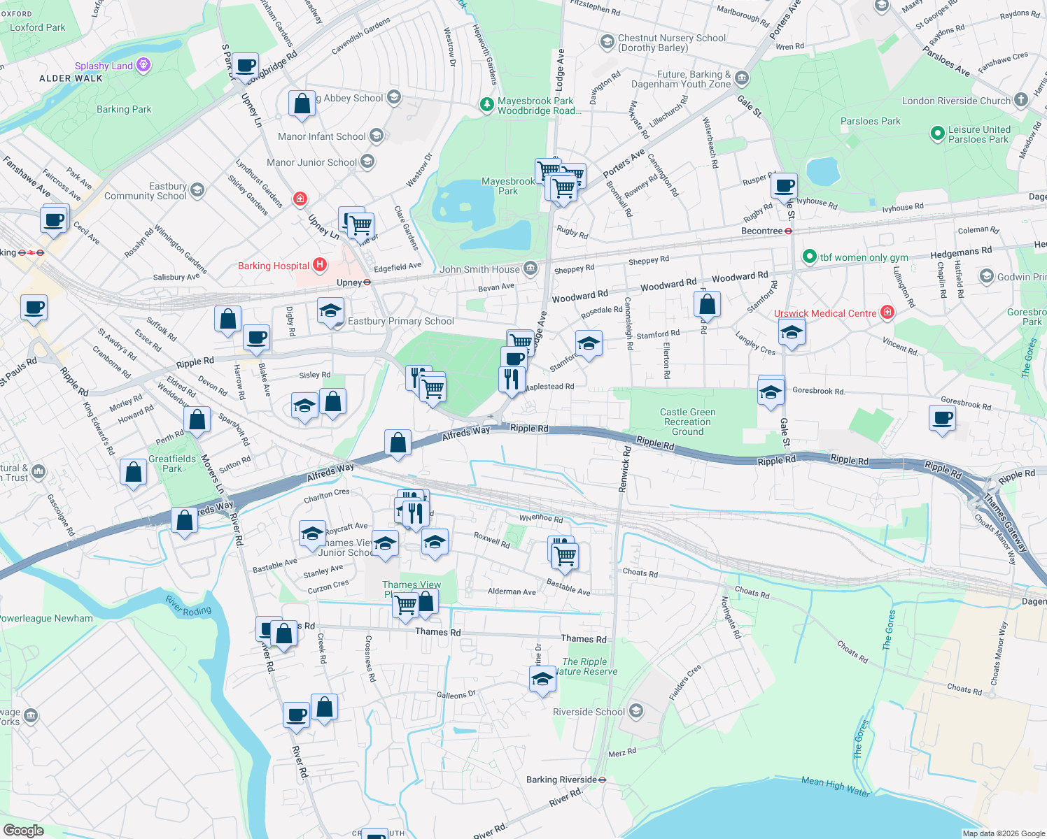 map of restaurants, bars, coffee shops, grocery stores, and more near in Dagenham