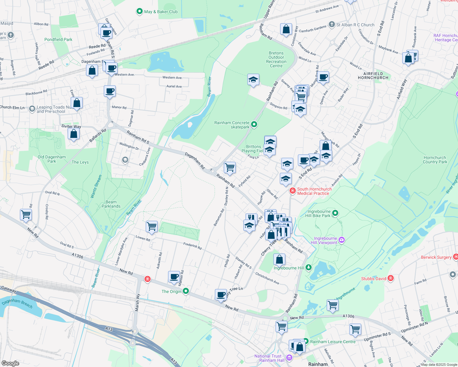map of restaurants, bars, coffee shops, grocery stores, and more near Rainham Road in Greater London