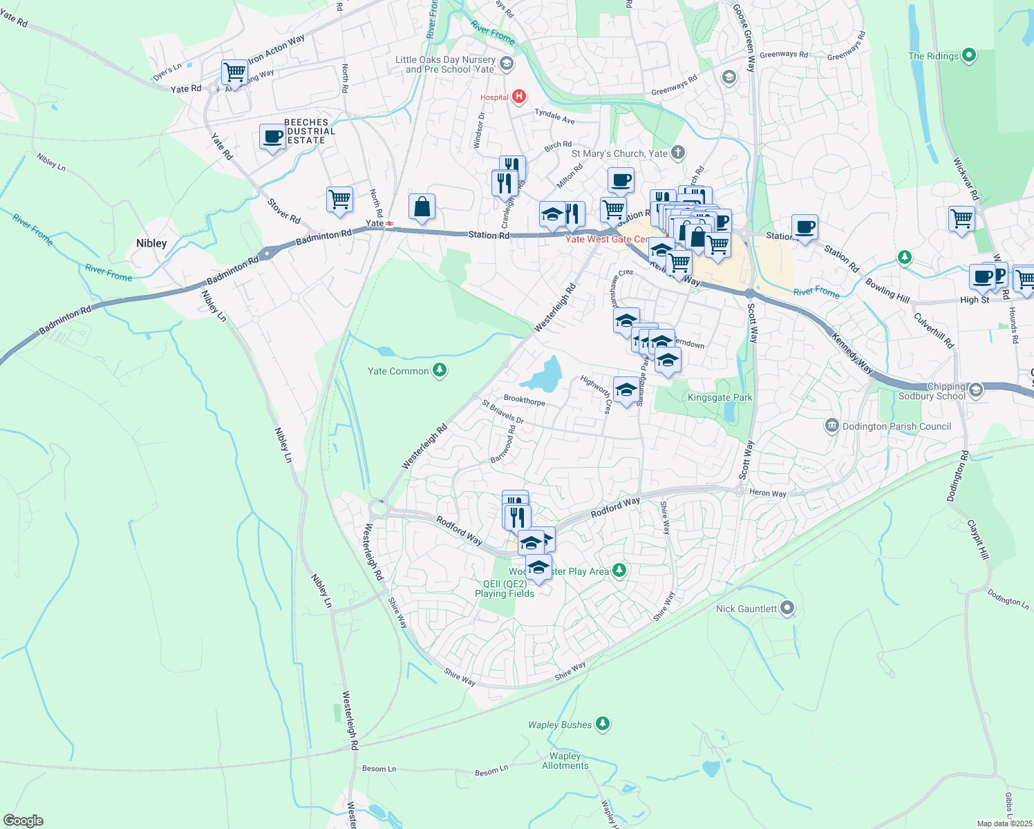 map of restaurants, bars, coffee shops, grocery stores, and more near Saint Briavels Drive in Yate