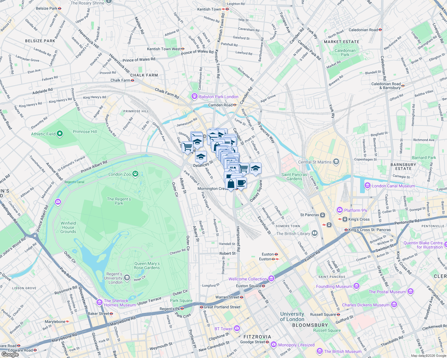 map of restaurants, bars, coffee shops, grocery stores, and more near 1 Arlington Road in Greater London