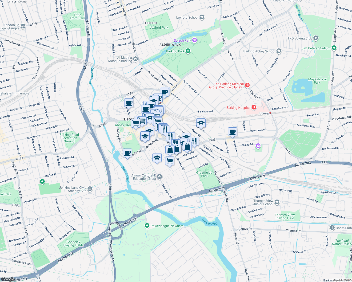 map of restaurants, bars, coffee shops, grocery stores, and more near in Greater London