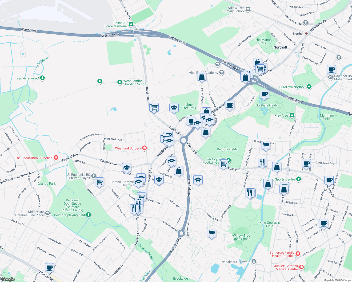 map of restaurants, bars, coffee shops, grocery stores, and more near Yeading Lane in Greater London