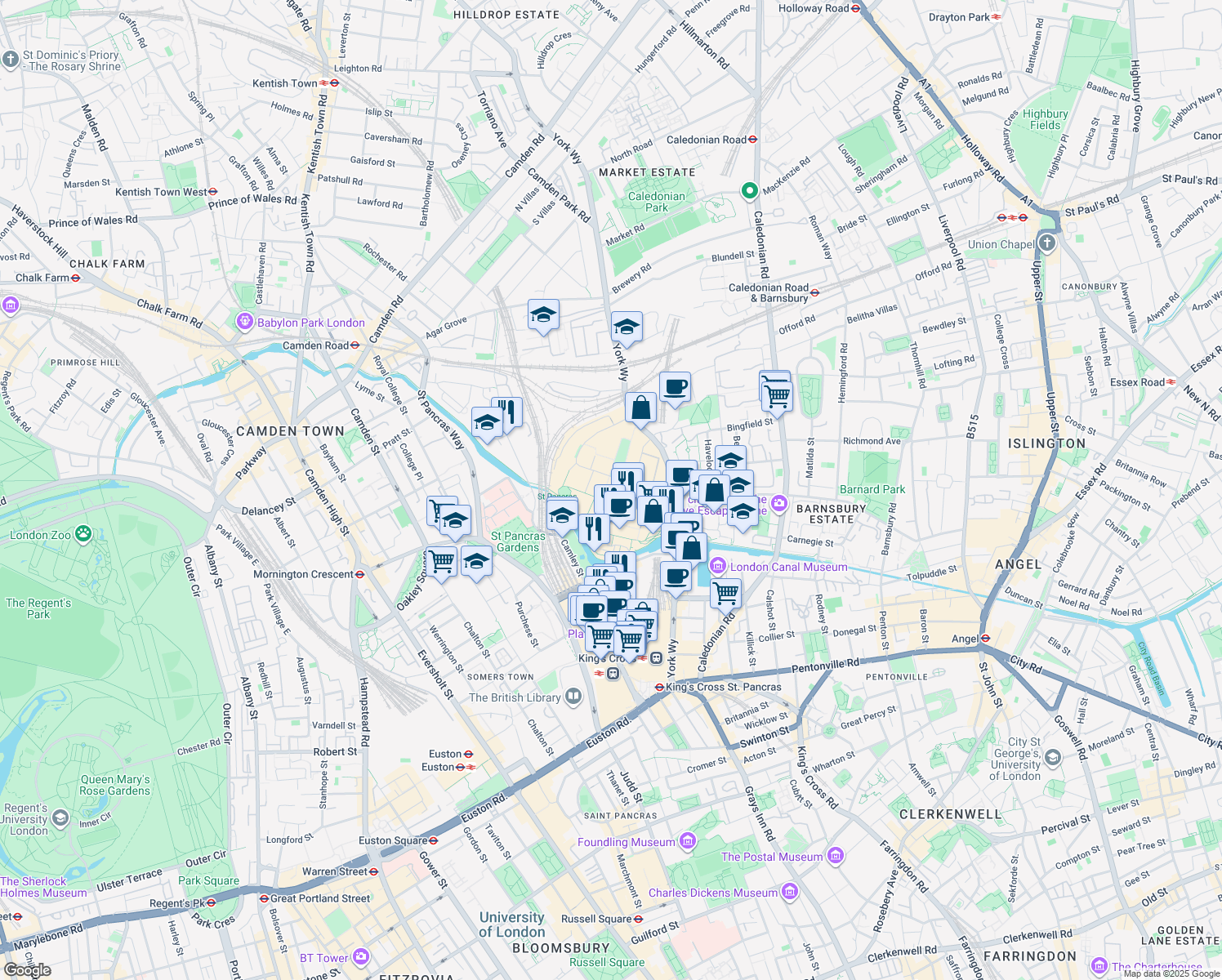 map of restaurants, bars, coffee shops, grocery stores, and more near 11 Stable Street in Greater London