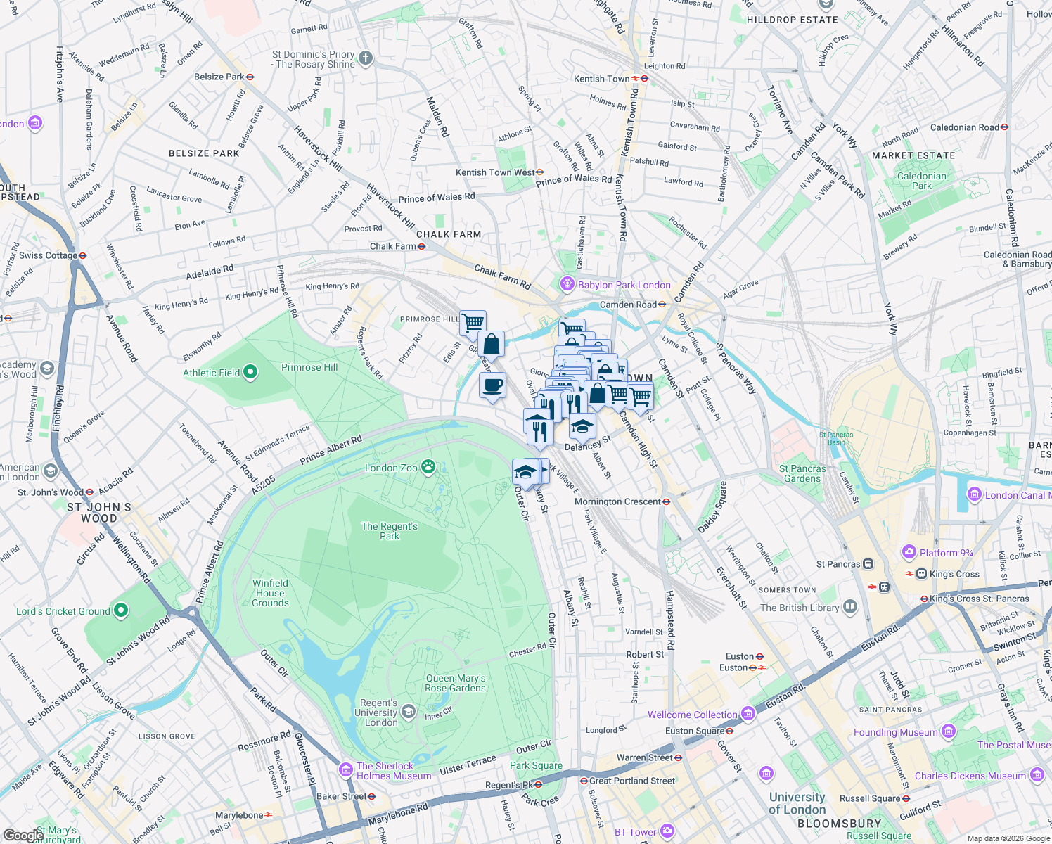 map of restaurants, bars, coffee shops, grocery stores, and more near Gloucester Avenue in Greater London