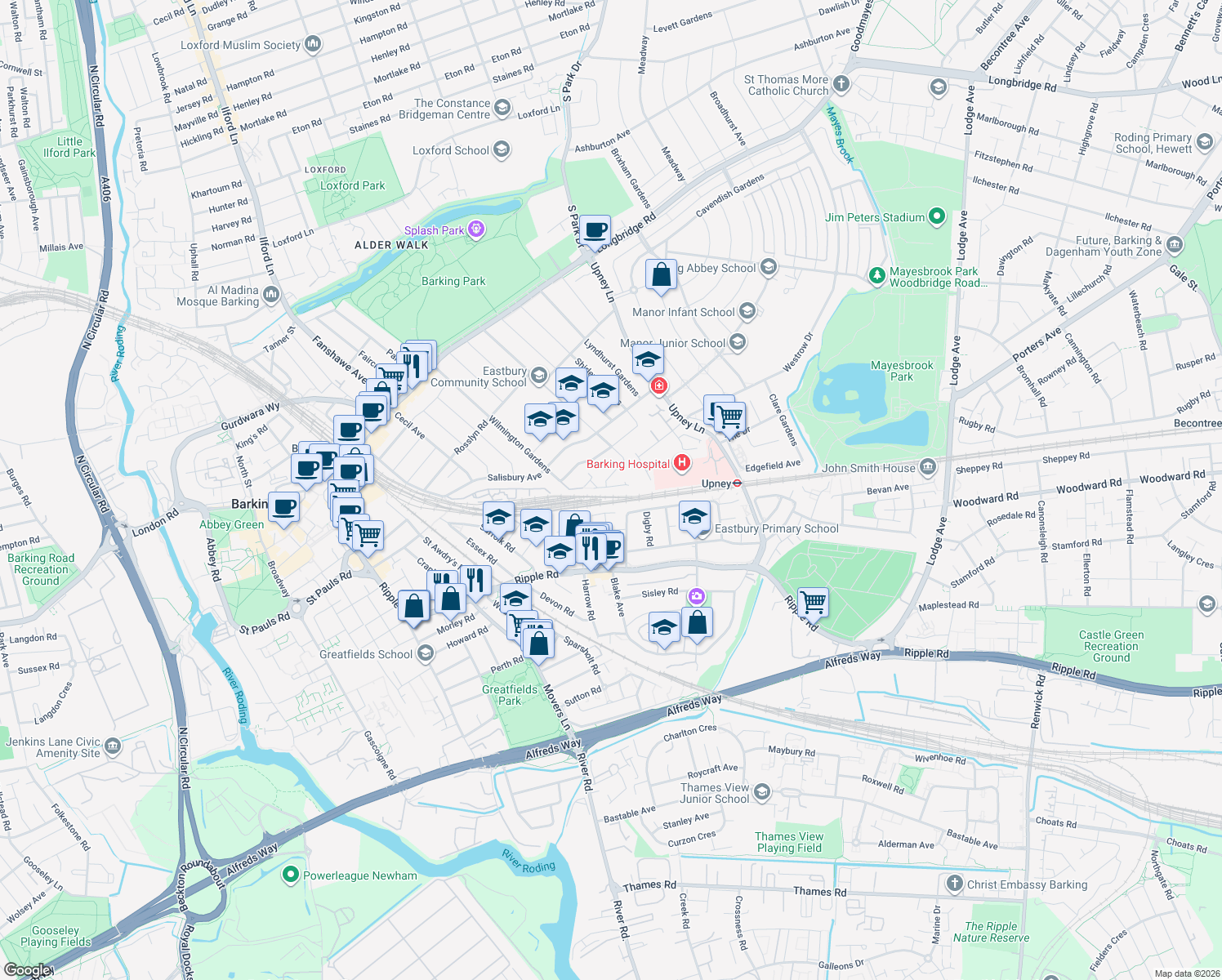 map of restaurants, bars, coffee shops, grocery stores, and more near 40 Thornhill Gardens in Barking