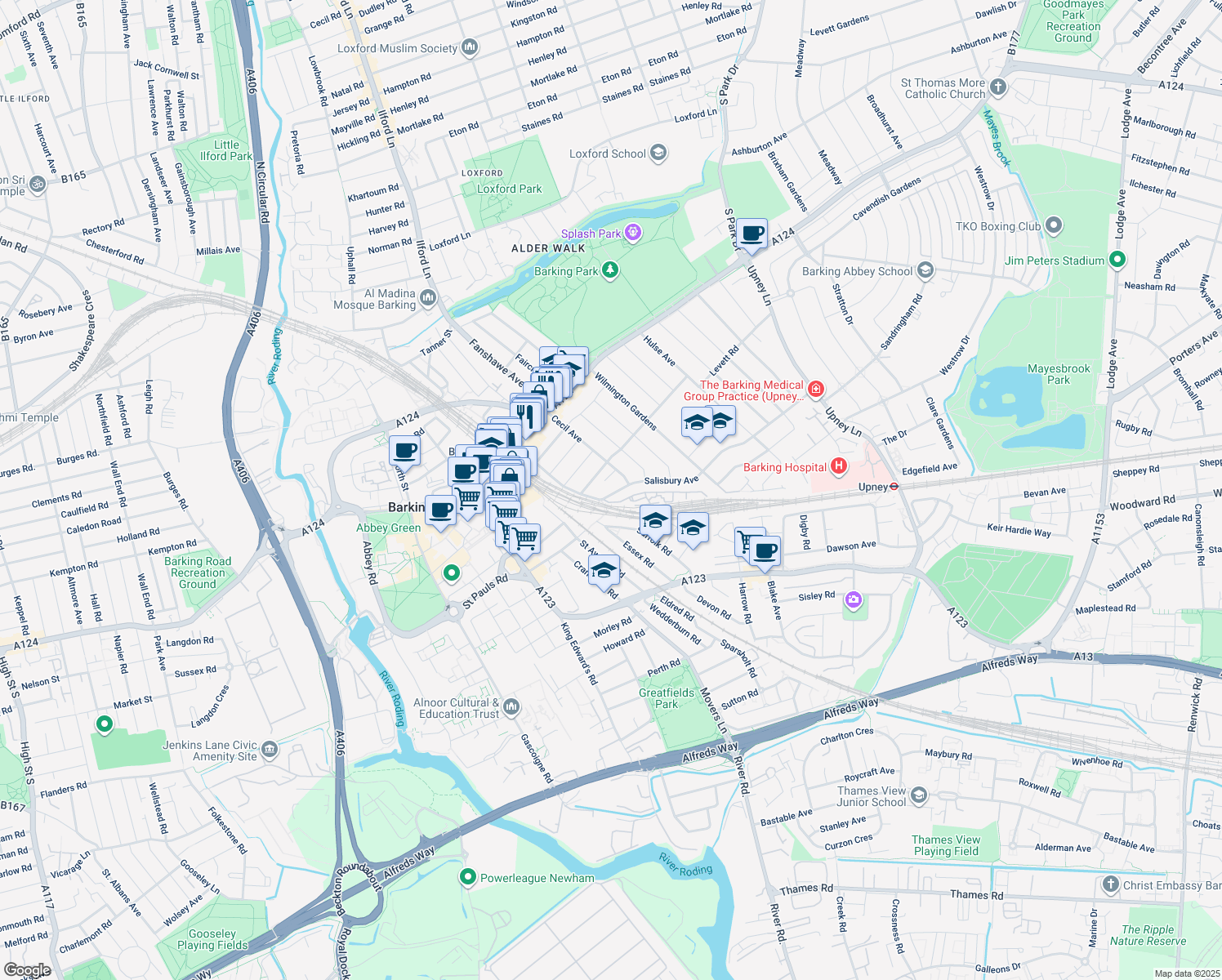 map of restaurants, bars, coffee shops, grocery stores, and more near 107 Salisbury Avenue in Greater London