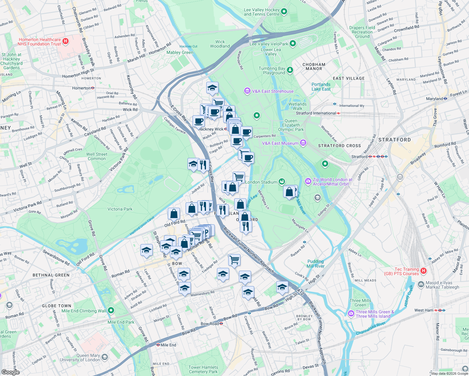 map of restaurants, bars, coffee shops, grocery stores, and more near 1 Stour Road in Greater London