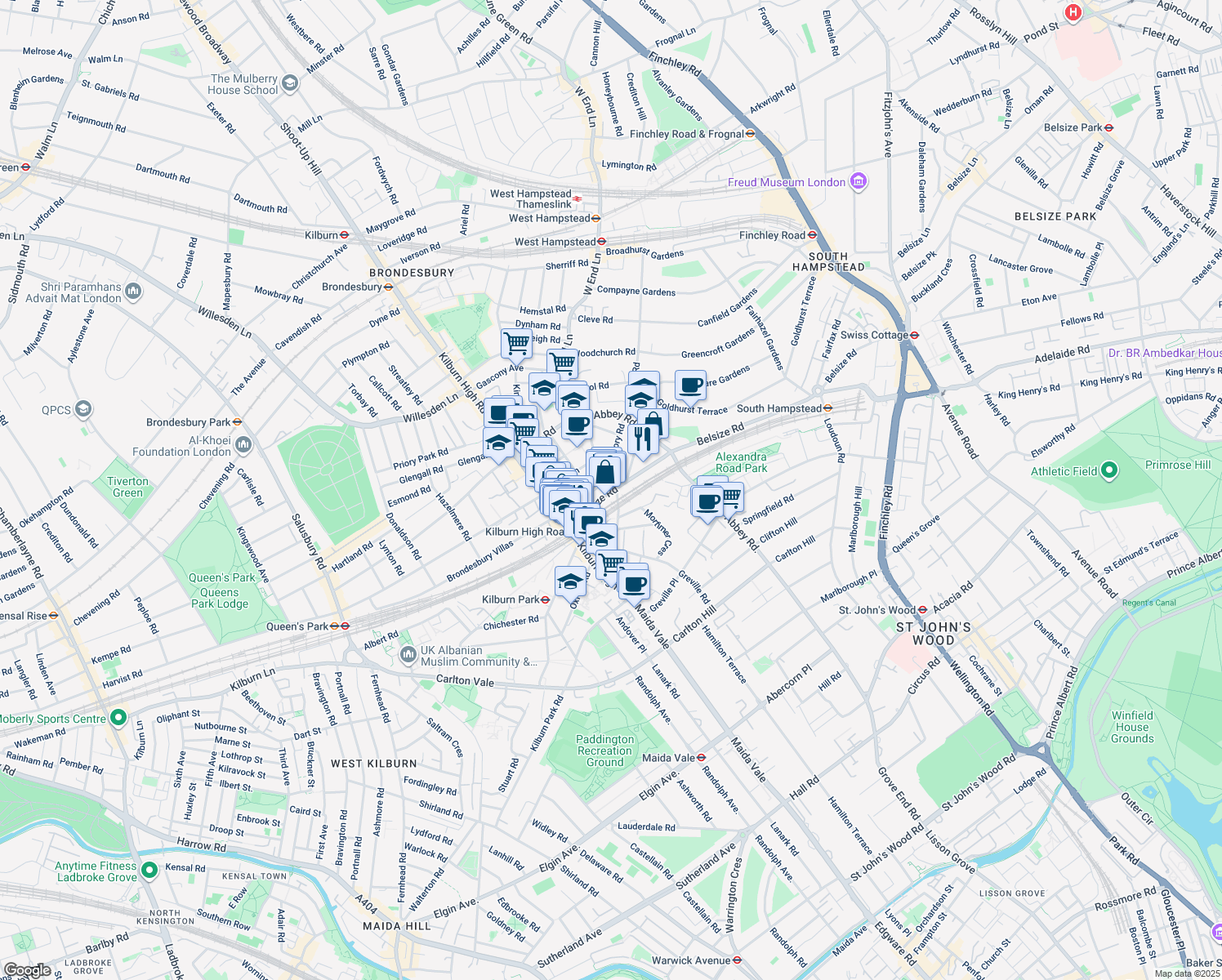 map of restaurants, bars, coffee shops, grocery stores, and more near 203 Belsize Road in Greater London