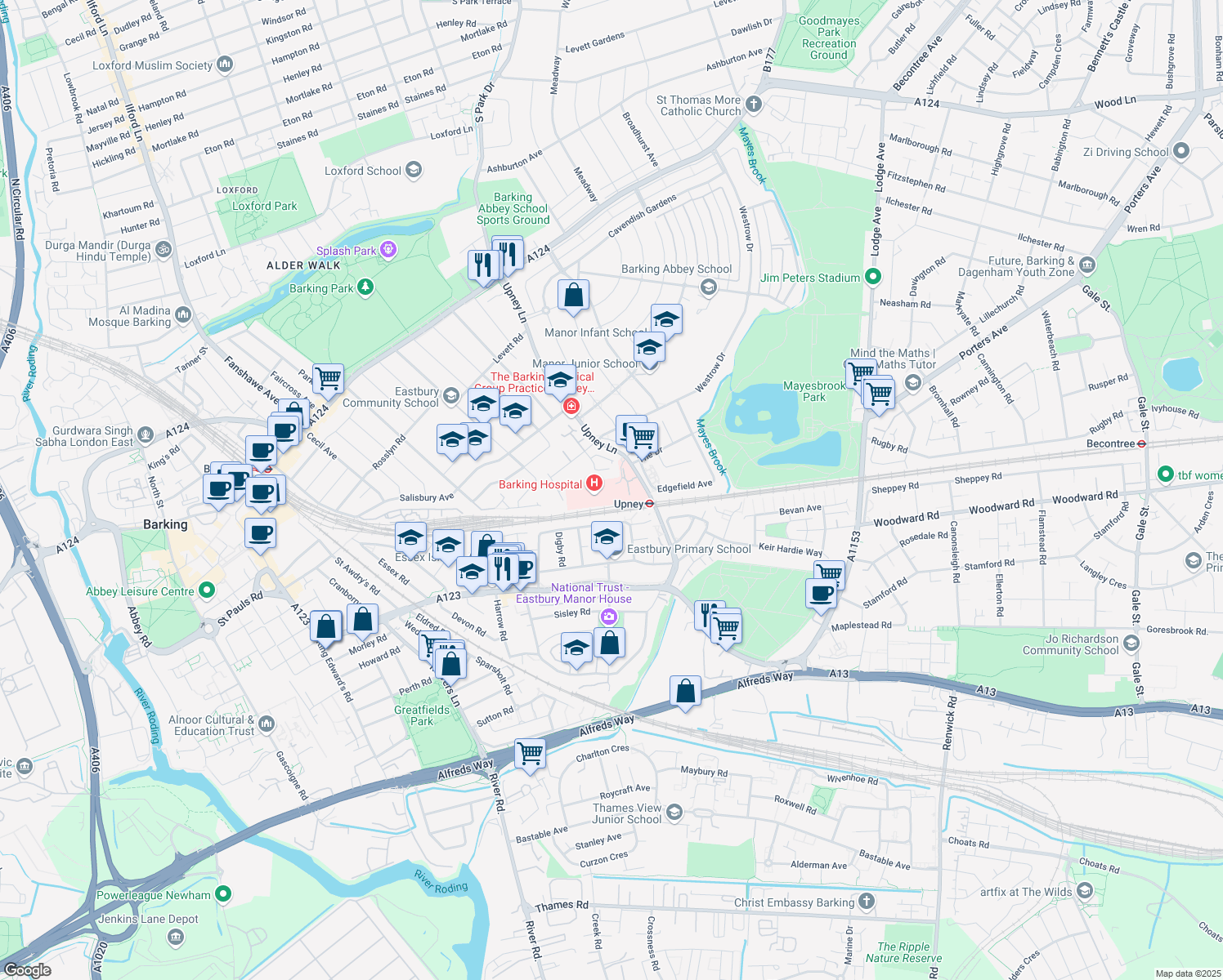 map of restaurants, bars, coffee shops, grocery stores, and more near Upney Lane in Greater London