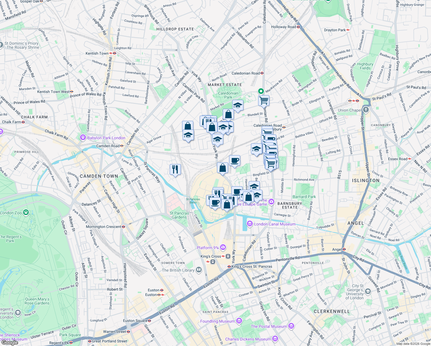 map of restaurants, bars, coffee shops, grocery stores, and more near 17 Canal Reach in Greater London