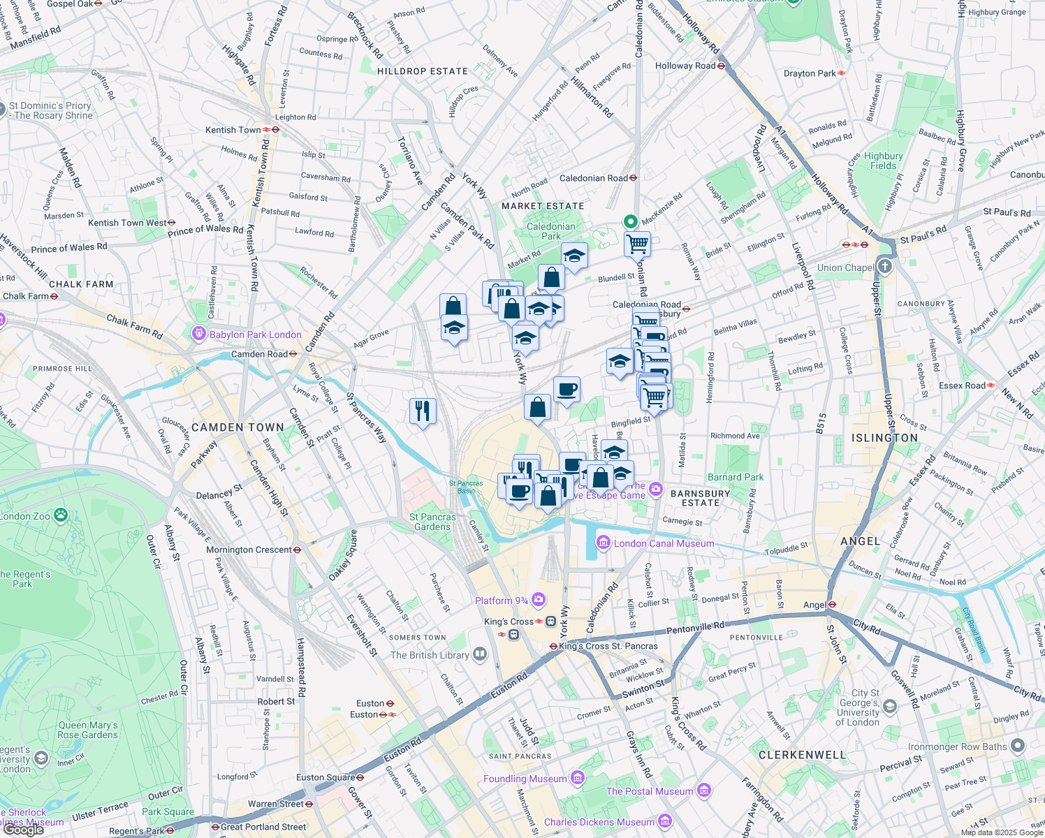 map of restaurants, bars, coffee shops, grocery stores, and more near 17 Canal Reach in Greater London