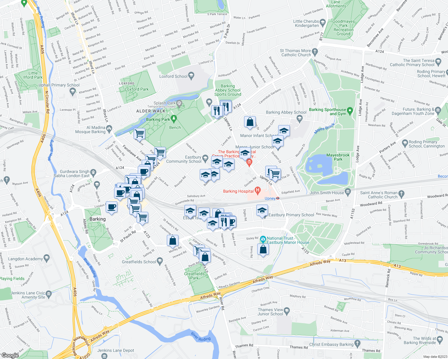 map of restaurants, bars, coffee shops, grocery stores, and more near in Barking