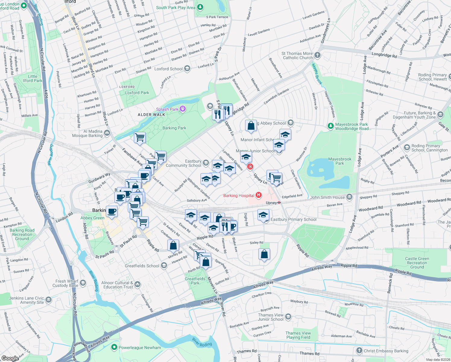map of restaurants, bars, coffee shops, grocery stores, and more near in Barking