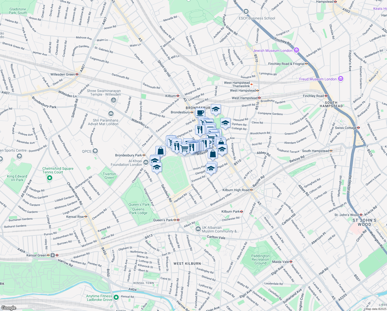 map of restaurants, bars, coffee shops, grocery stores, and more near Callcott Road in London