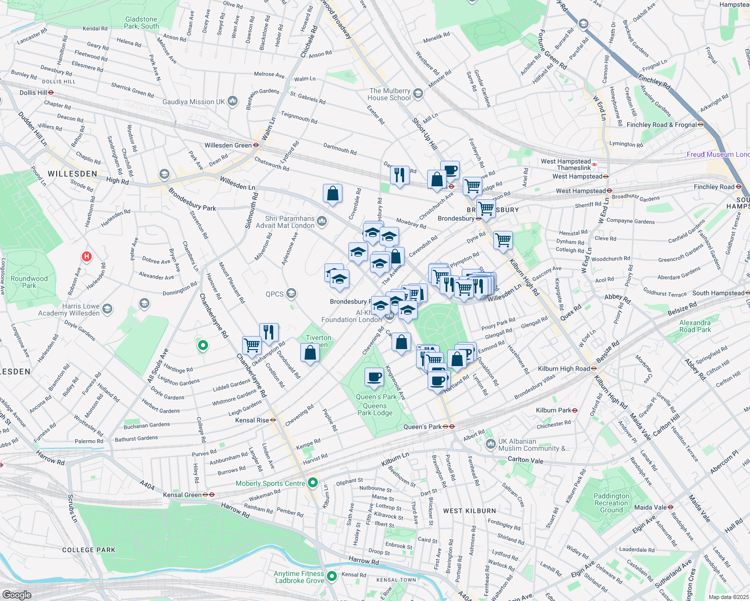 map of restaurants, bars, coffee shops, grocery stores, and more near in Greater London