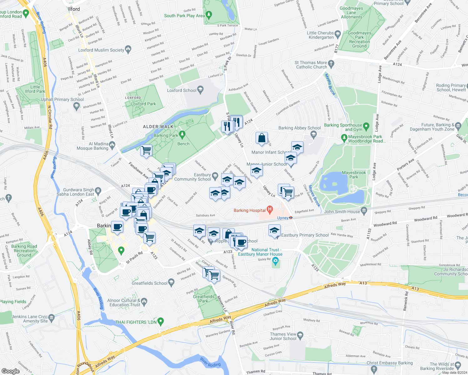 map of restaurants, bars, coffee shops, grocery stores, and more near 106 Shirley Gardens in Greater London