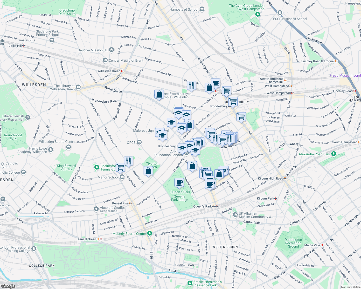 map of restaurants, bars, coffee shops, grocery stores, and more near 36 The Avenue in Greater London