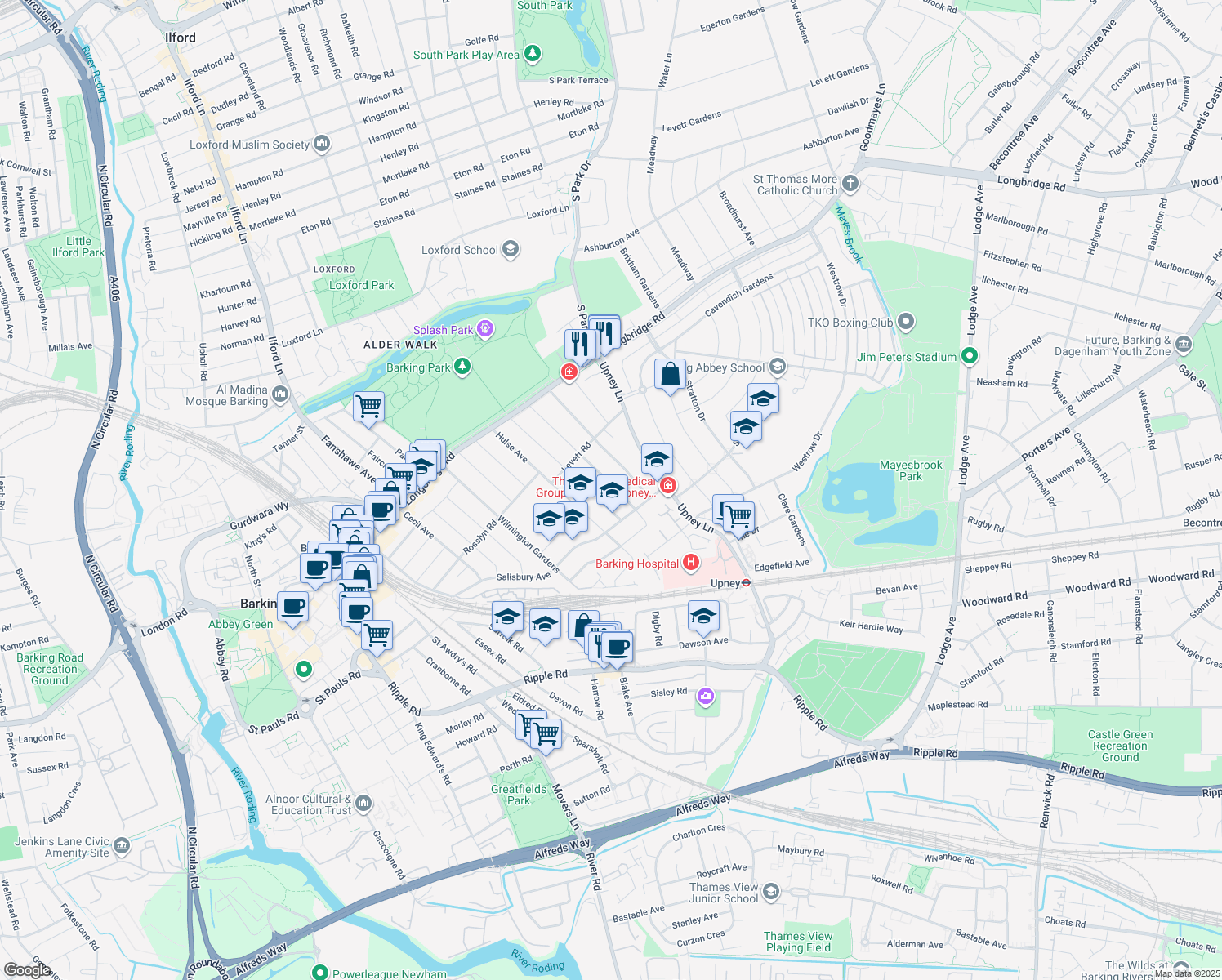 map of restaurants, bars, coffee shops, grocery stores, and more near 106 Shirley Gardens in Greater London