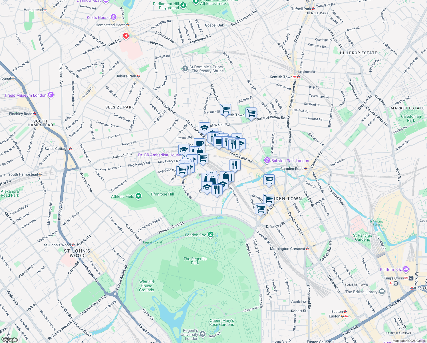 map of restaurants, bars, coffee shops, grocery stores, and more near Dumpton Place in Greater London