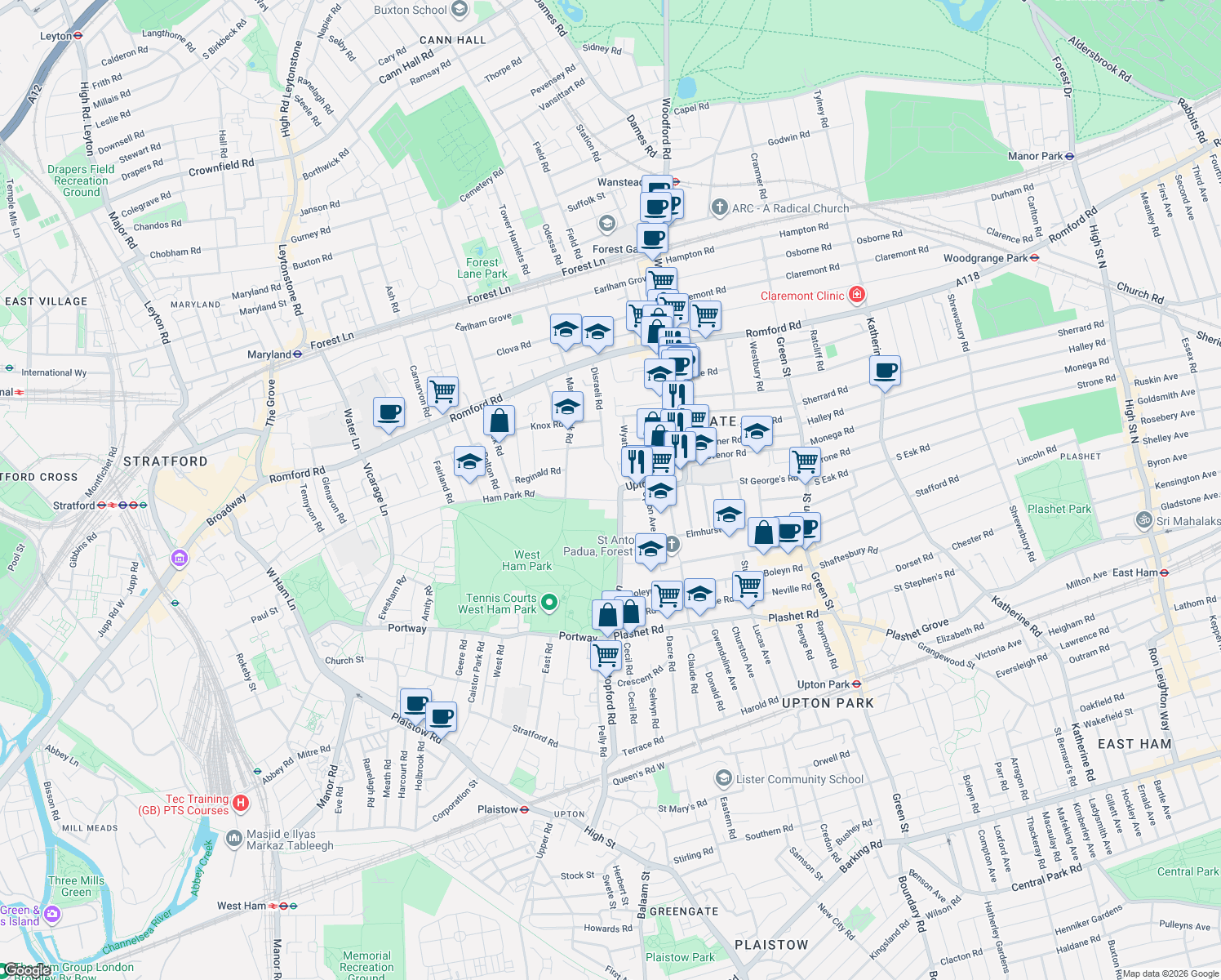 map of restaurants, bars, coffee shops, grocery stores, and more near in Greater London