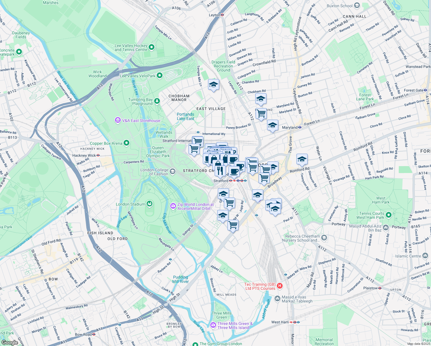 map of restaurants, bars, coffee shops, grocery stores, and more near 1 Cherry Park Lane in Greater London