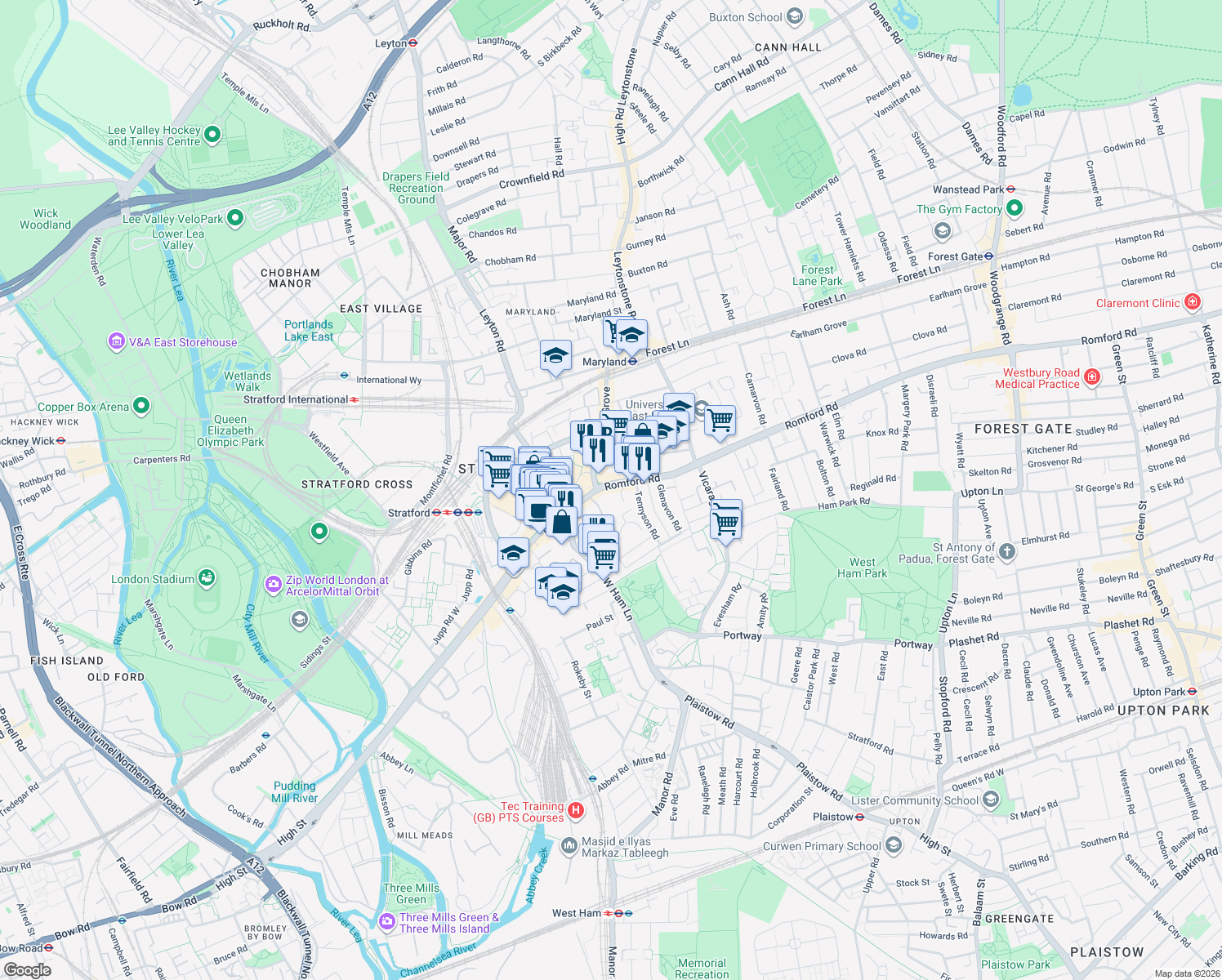 map of restaurants, bars, coffee shops, grocery stores, and more near 20 Romford Road in Greater London