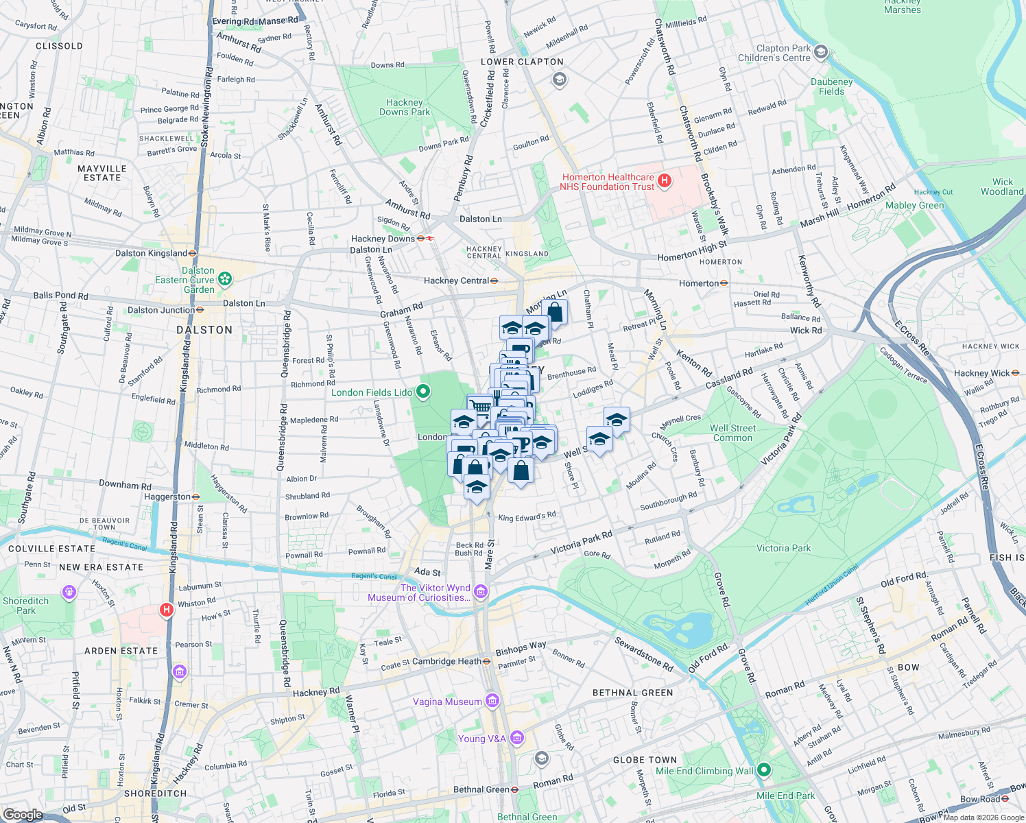 map of restaurants, bars, coffee shops, grocery stores, and more near 1 London Lane in Greater London
