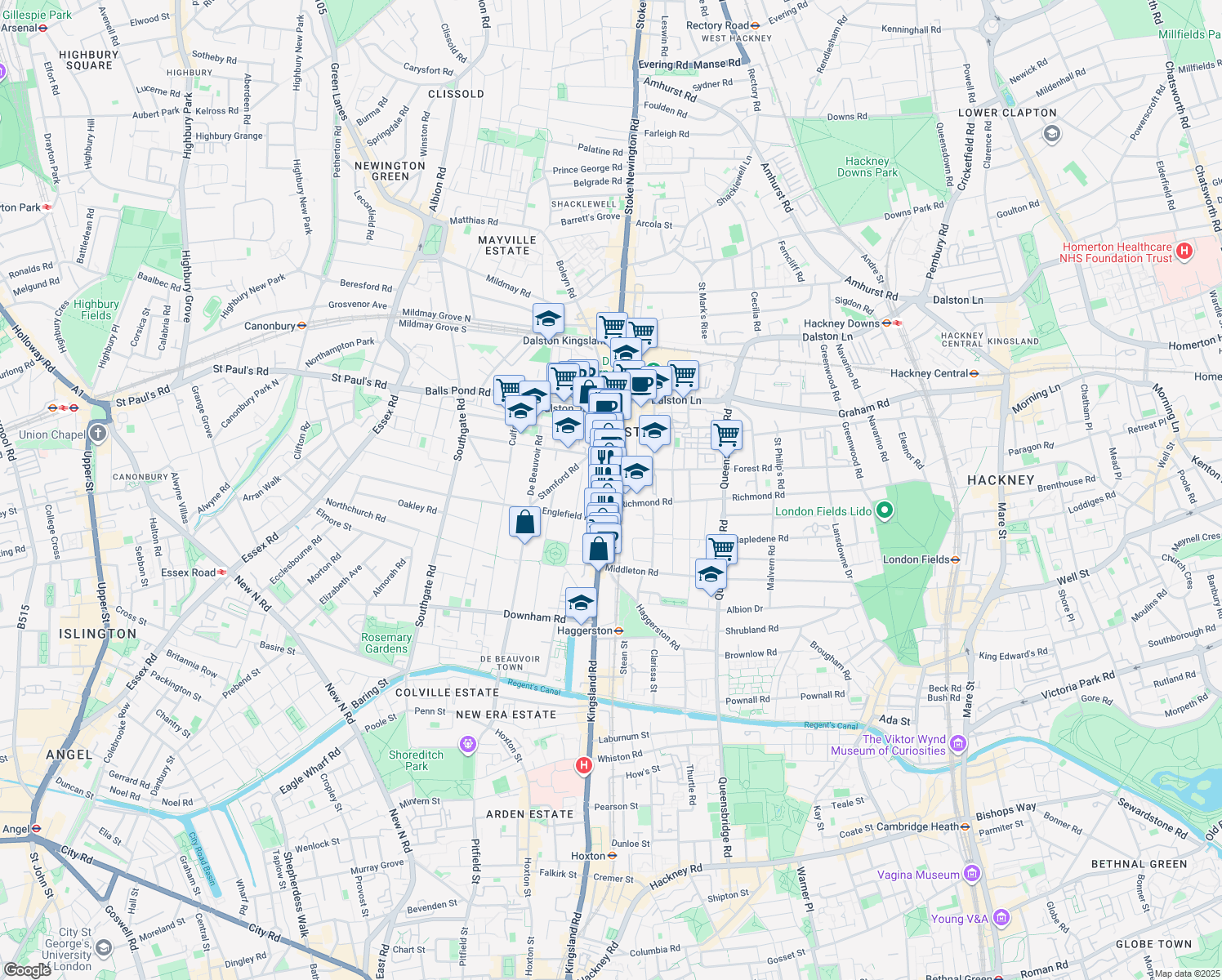 map of restaurants, bars, coffee shops, grocery stores, and more near Kingsland Road in Greater London