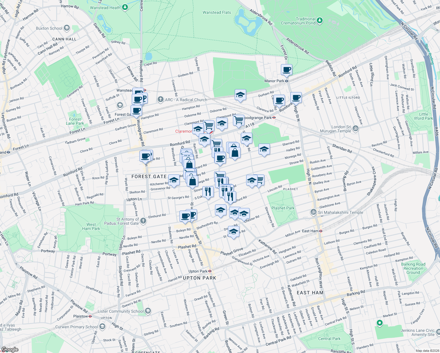 map of restaurants, bars, coffee shops, grocery stores, and more near in London