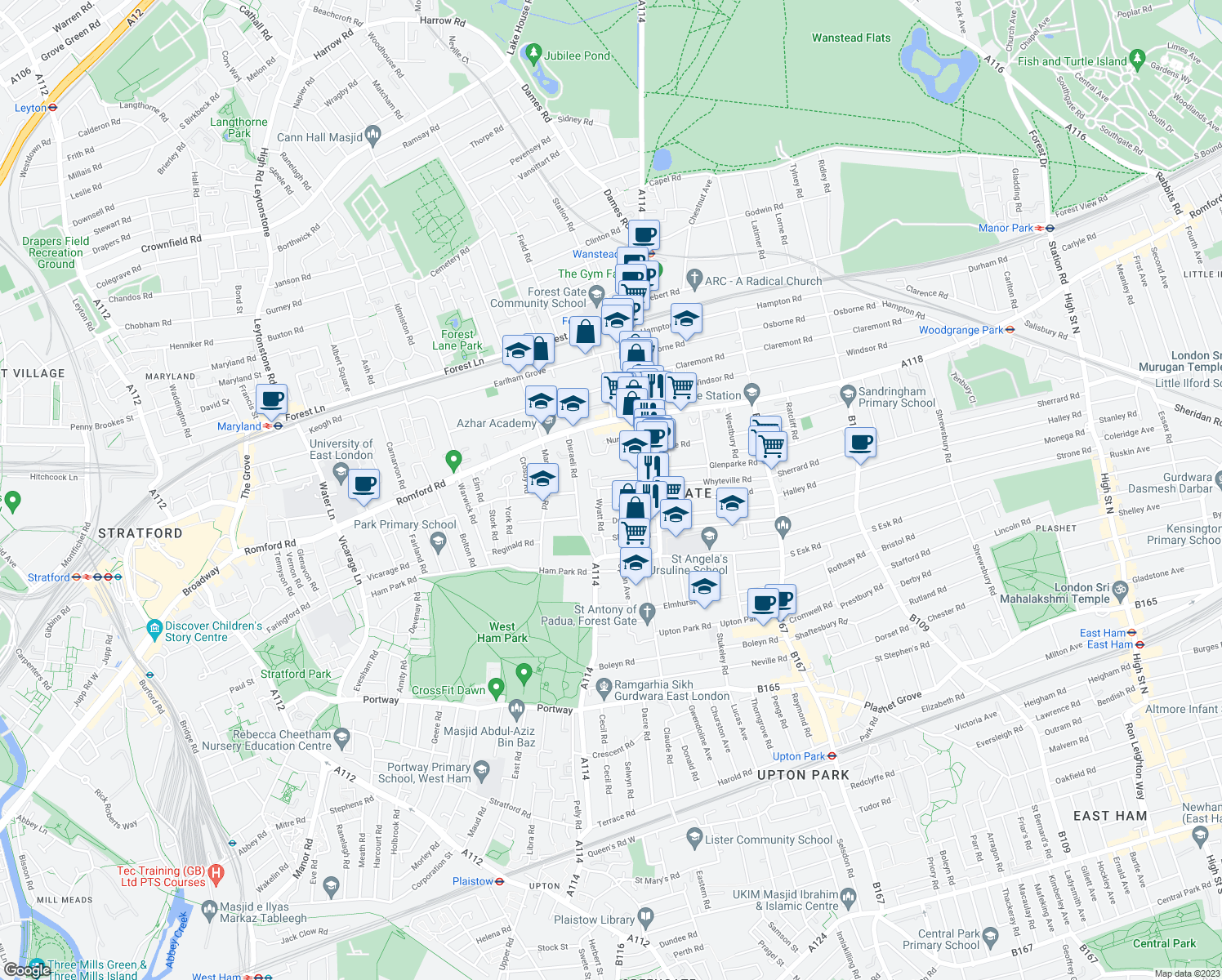 map of restaurants, bars, coffee shops, grocery stores, and more near 53 Chaucer Road in Greater London