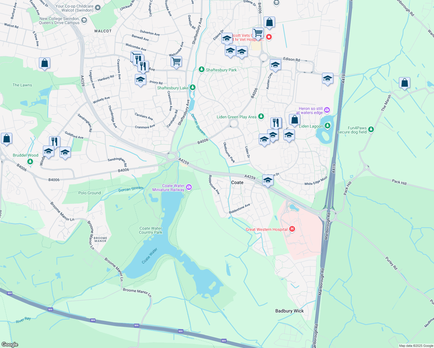 map of restaurants, bars, coffee shops, grocery stores, and more near Marlborough Road in Coate