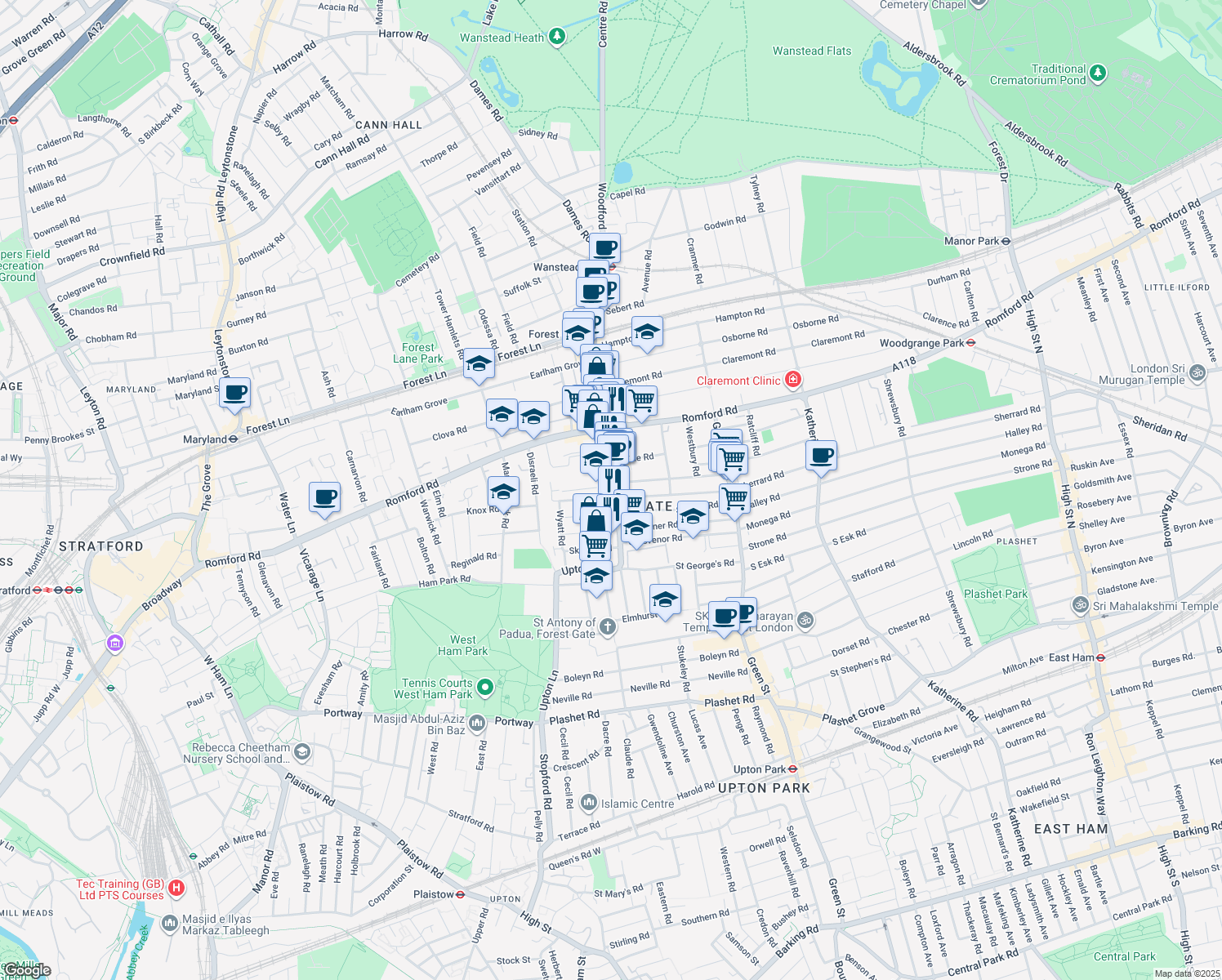 map of restaurants, bars, coffee shops, grocery stores, and more near 66 Upton Lane in Greater London