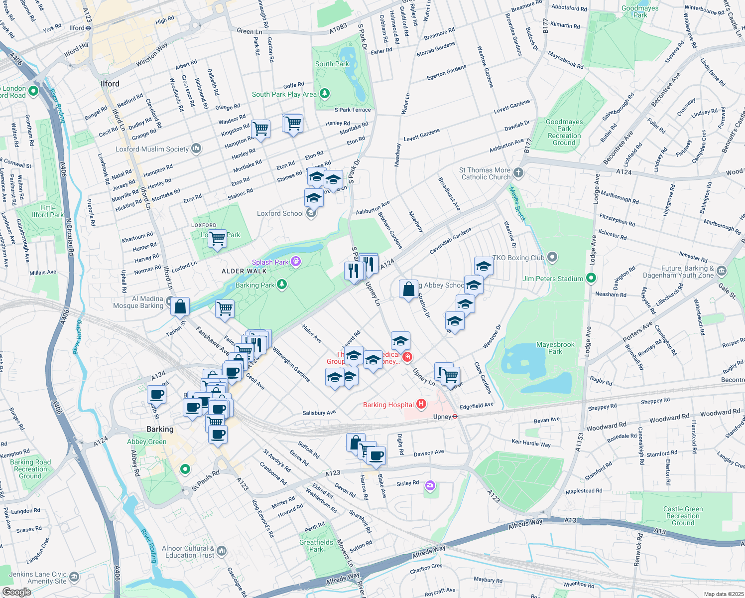 map of restaurants, bars, coffee shops, grocery stores, and more near Upney Lane in Greater London