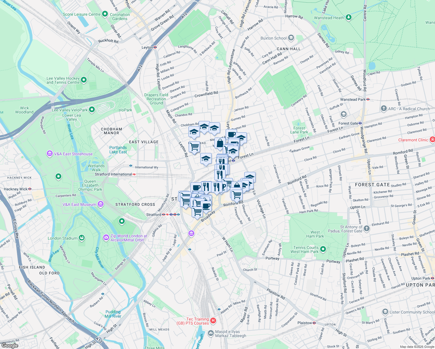 map of restaurants, bars, coffee shops, grocery stores, and more near 8 Grove Crescent Road in Greater London