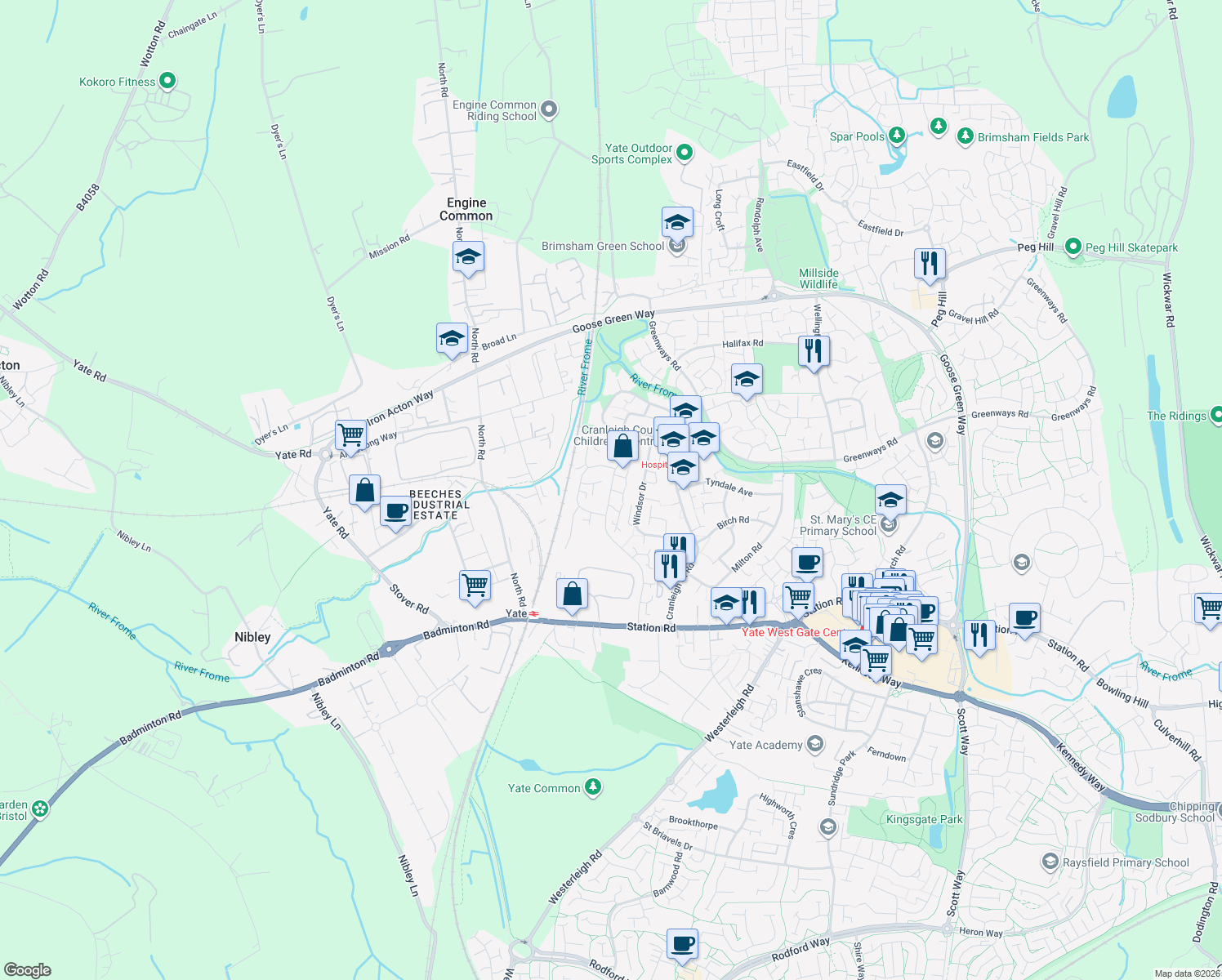 map of restaurants, bars, coffee shops, grocery stores, and more near Longs Drive in Yate