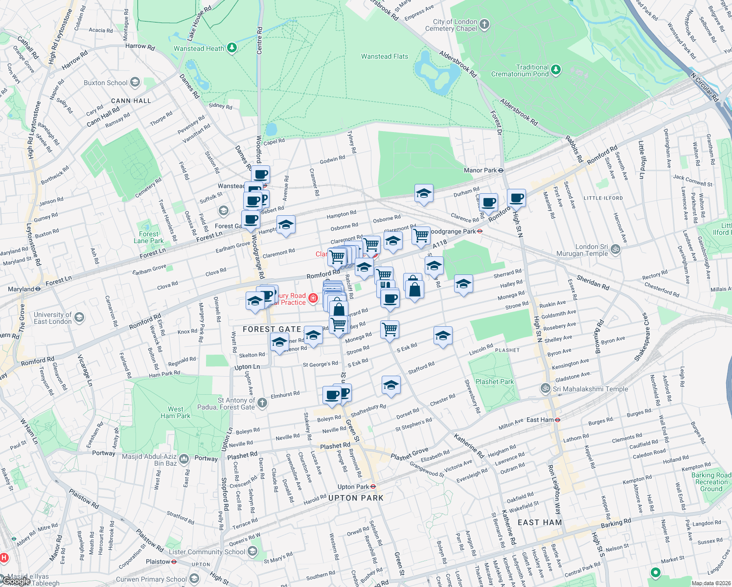map of restaurants, bars, coffee shops, grocery stores, and more near 47 Henderson Road in Greater London