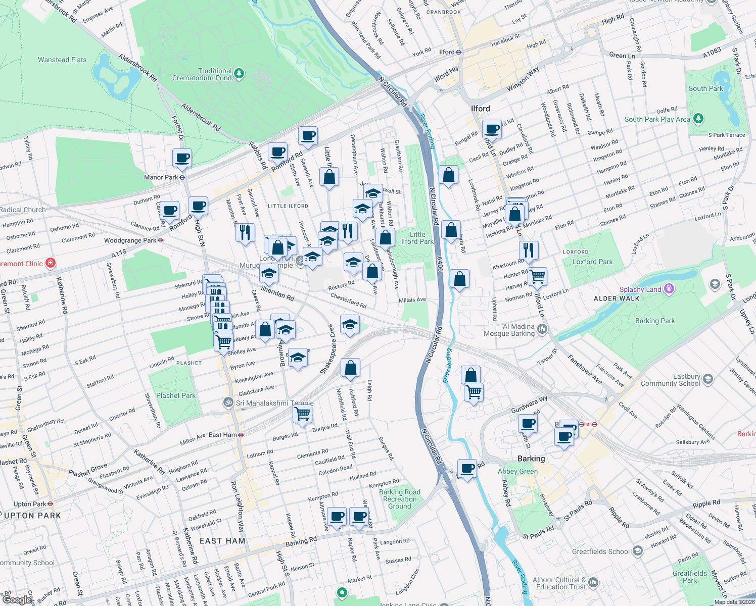 map of restaurants, bars, coffee shops, grocery stores, and more near 385A Dersingham Avenue in Greater London