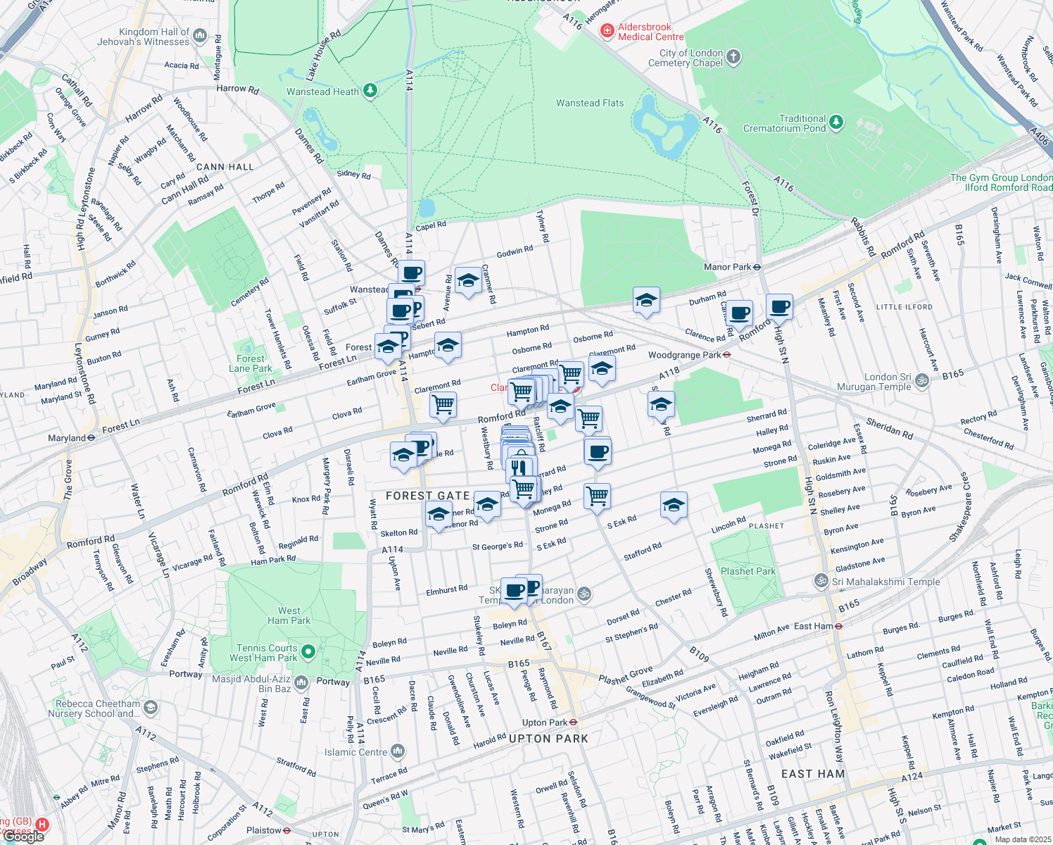 map of restaurants, bars, coffee shops, grocery stores, and more near in London