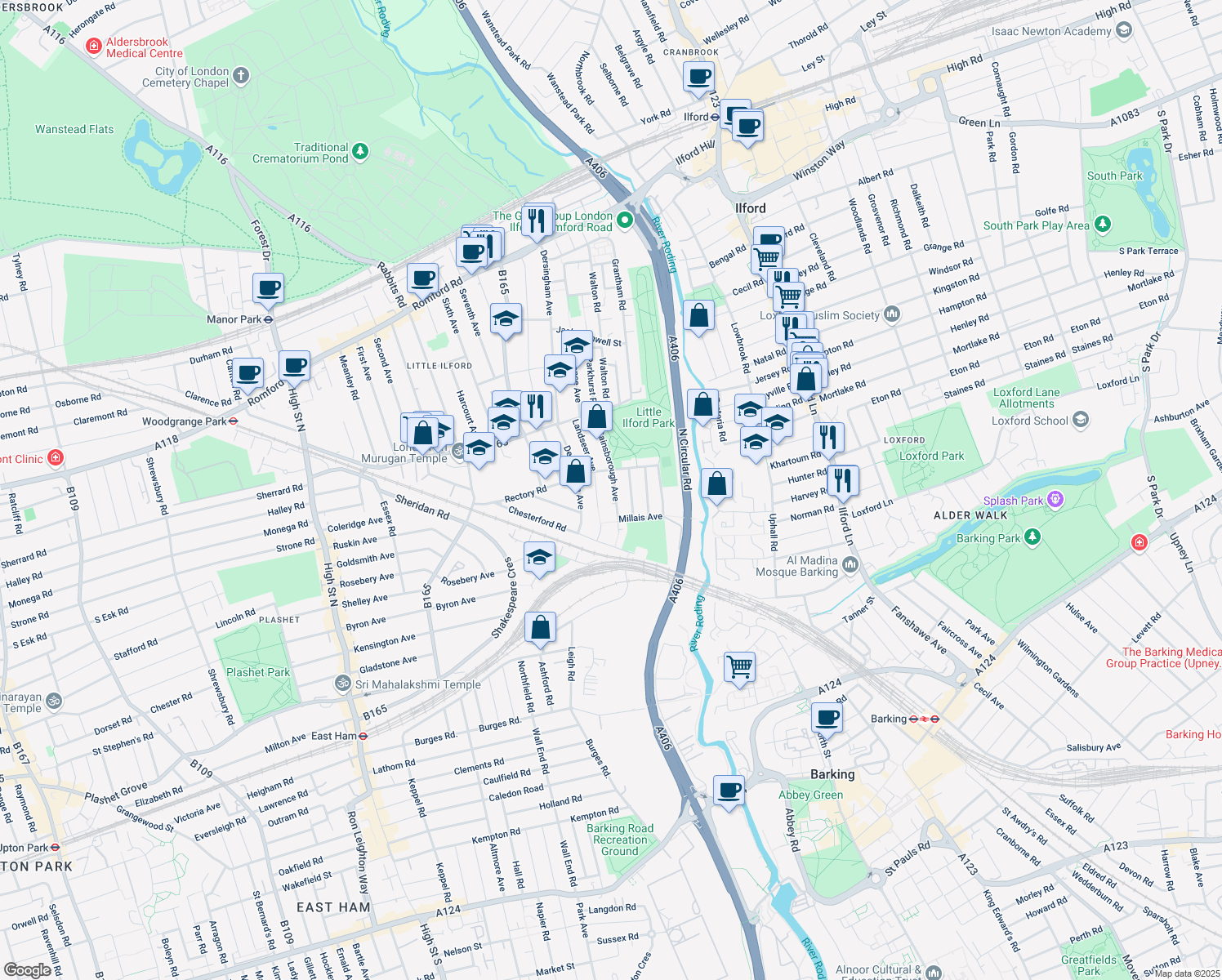 map of restaurants, bars, coffee shops, grocery stores, and more near in Greater London
