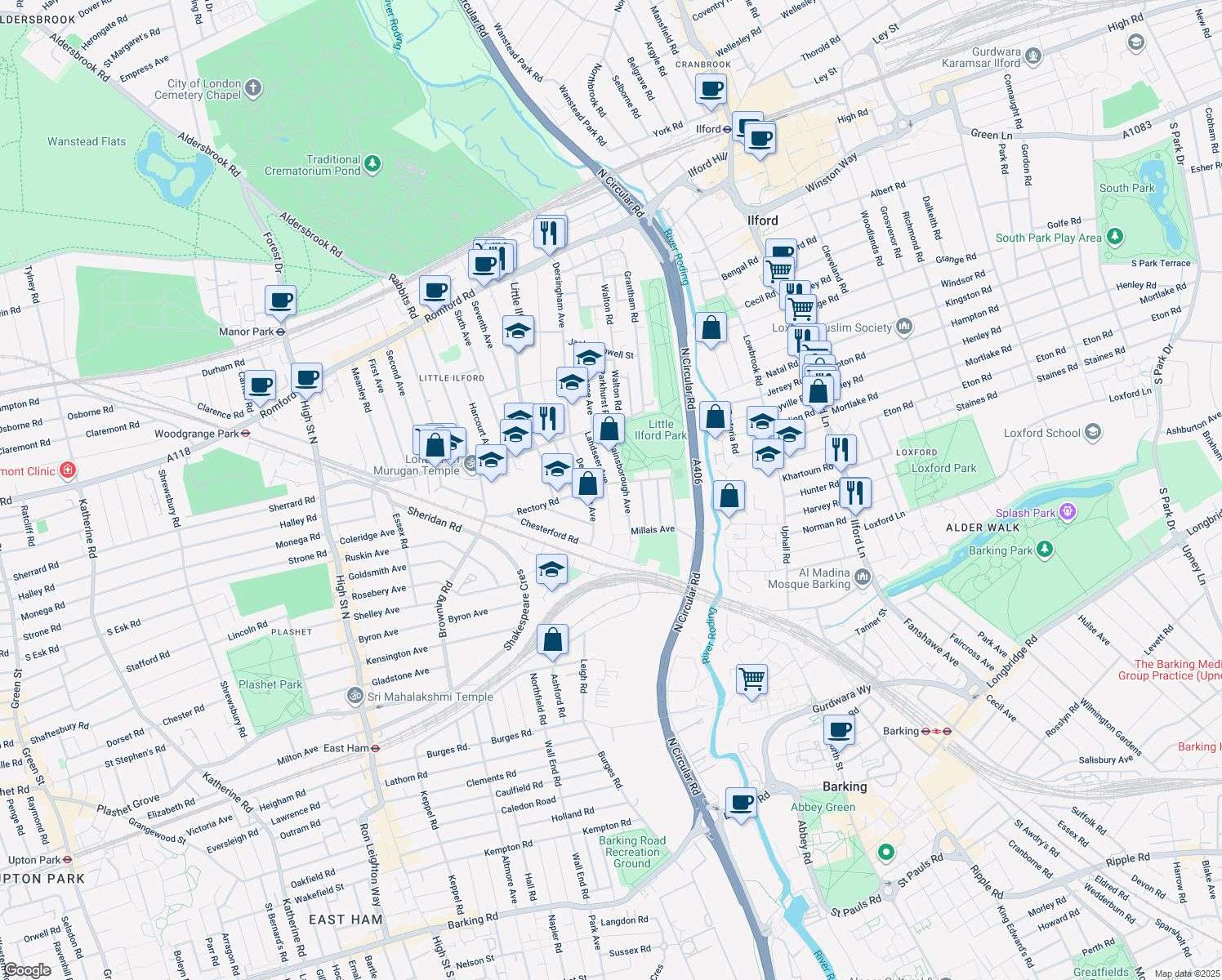 map of restaurants, bars, coffee shops, grocery stores, and more near in Greater London