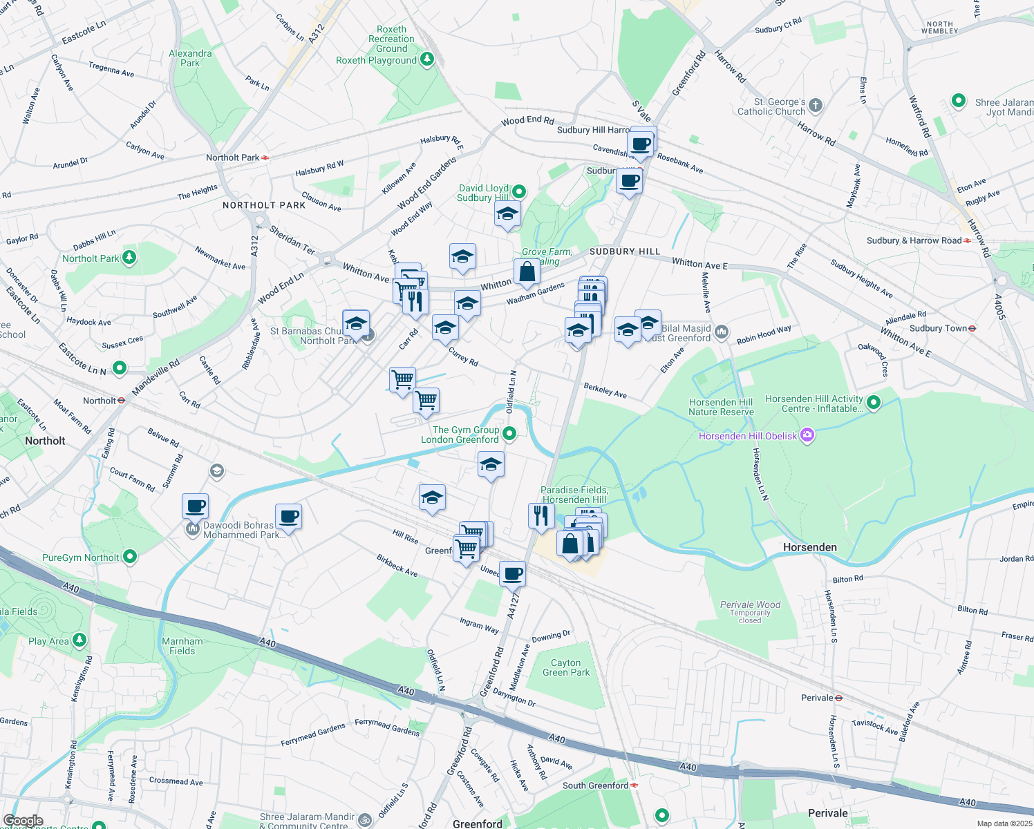 map of restaurants, bars, coffee shops, grocery stores, and more near 470 Oldfield Lane North in Greater London