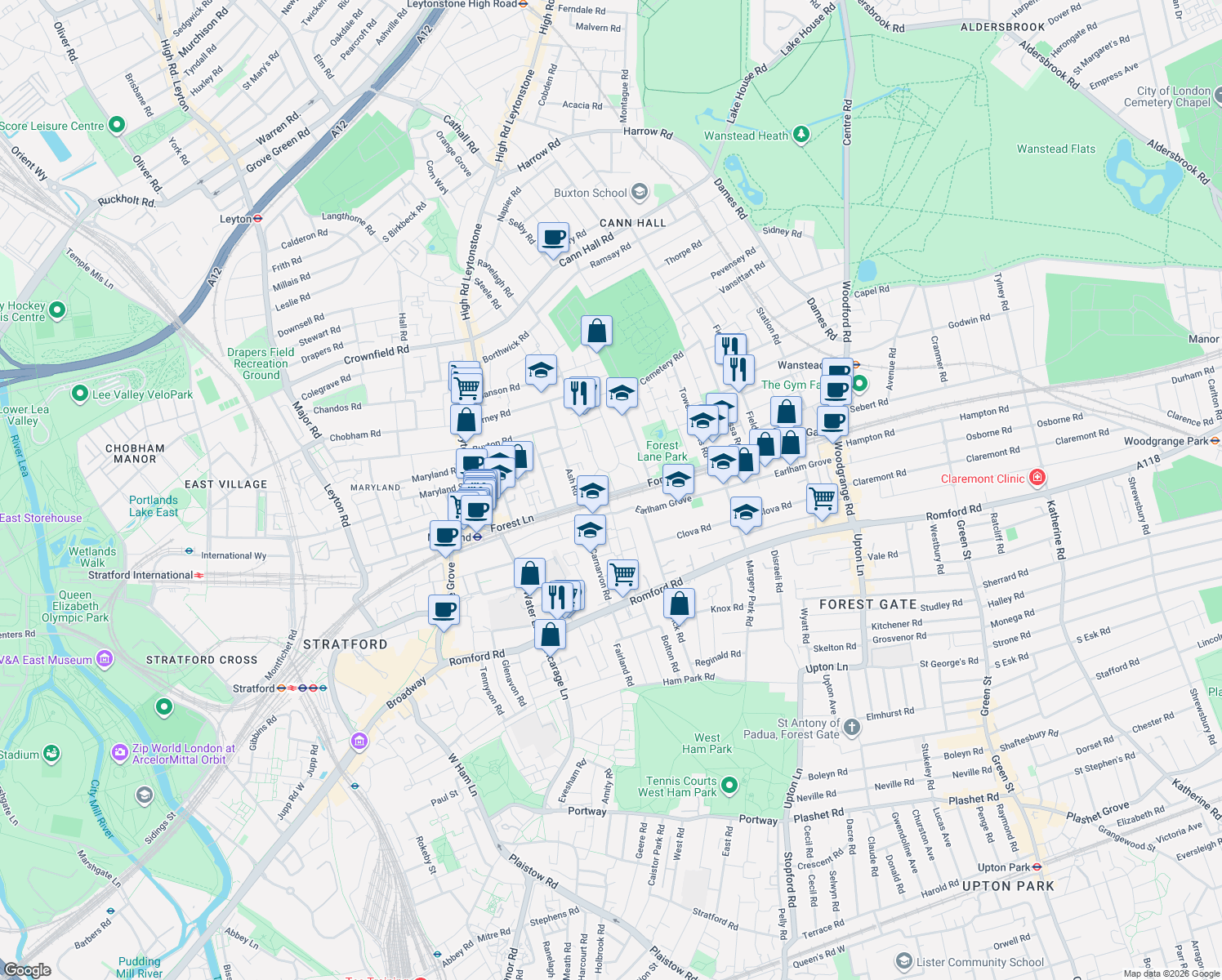 map of restaurants, bars, coffee shops, grocery stores, and more near 86 Forest Lane in London