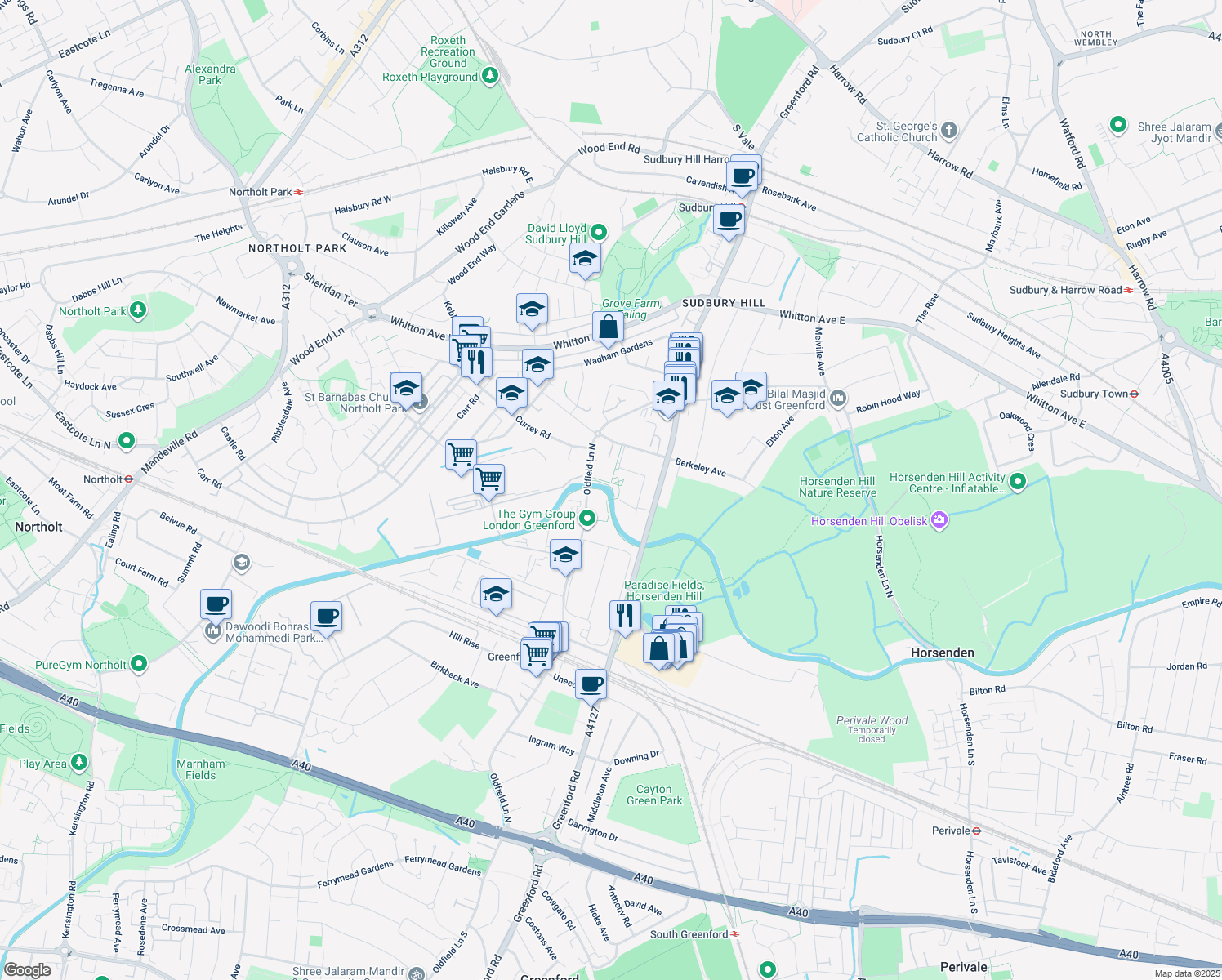 map of restaurants, bars, coffee shops, grocery stores, and more near 470 Oldfield Lane North in Greater London