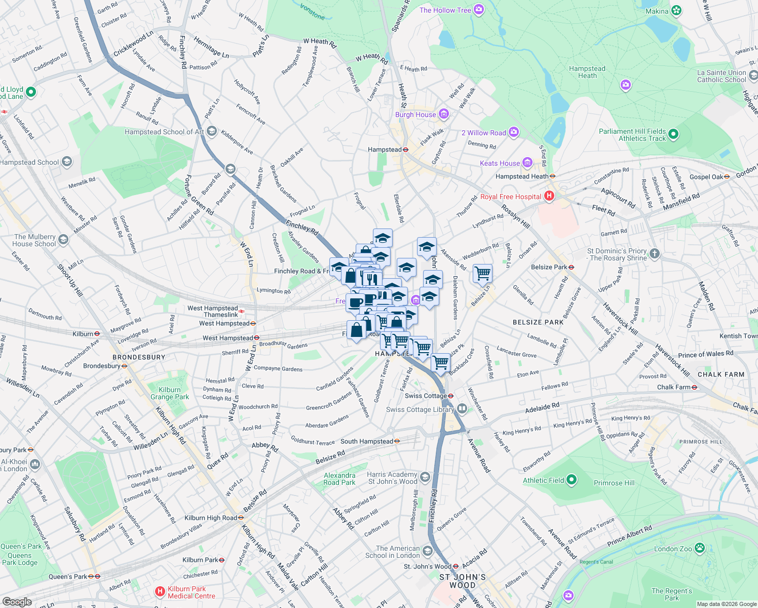 map of restaurants, bars, coffee shops, grocery stores, and more near 152 Finchley Road in Greater London